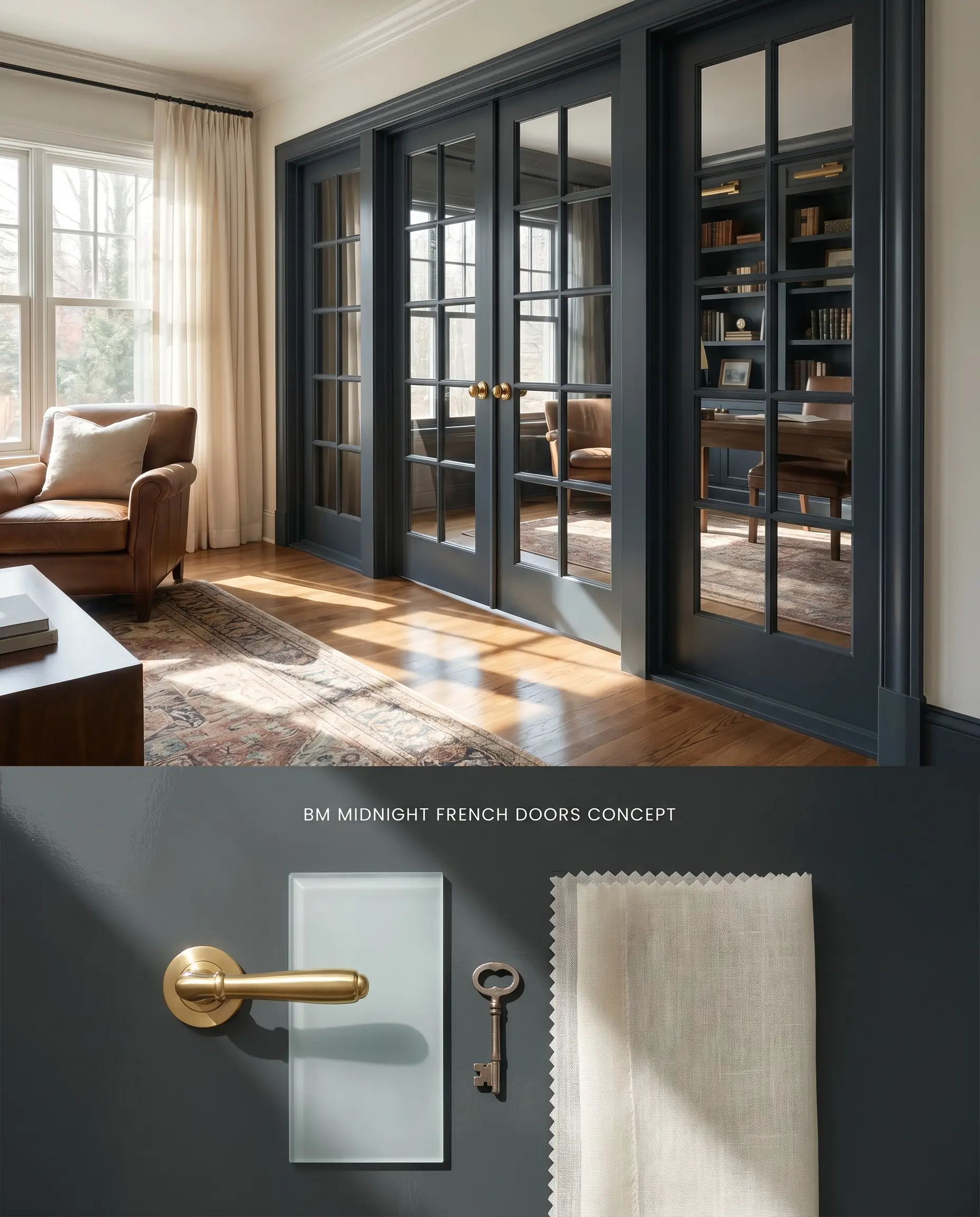 A split digital conceptual board for interior French doors showing high-gloss decadent black casings above and a flat-lay of polished brass and frosted glass below.