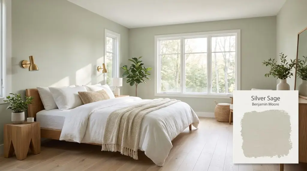 Crisp white bedding and brushed brass sconces complement light birch floors and a sage green wall painted in Silver Sage (Hex #D2D4C4).