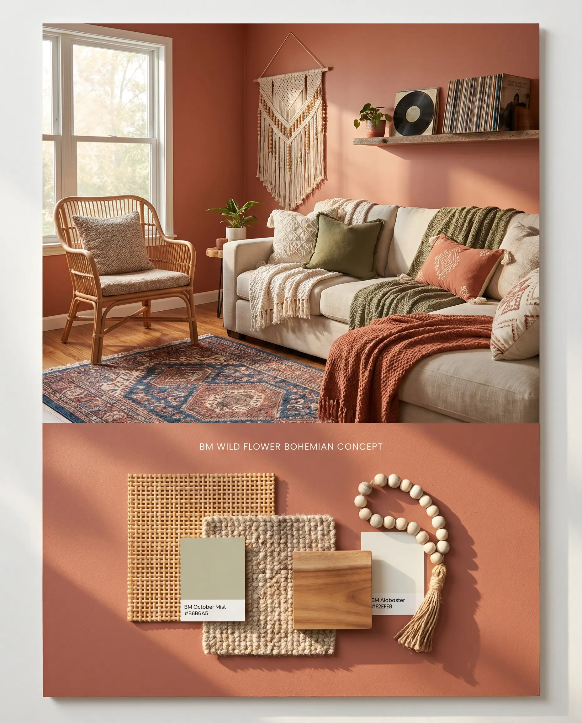 A split digital conceptual board for a bohemian living space with terracotta pink walls and rattan furniture, above a flat-lay of textured wool and wood.