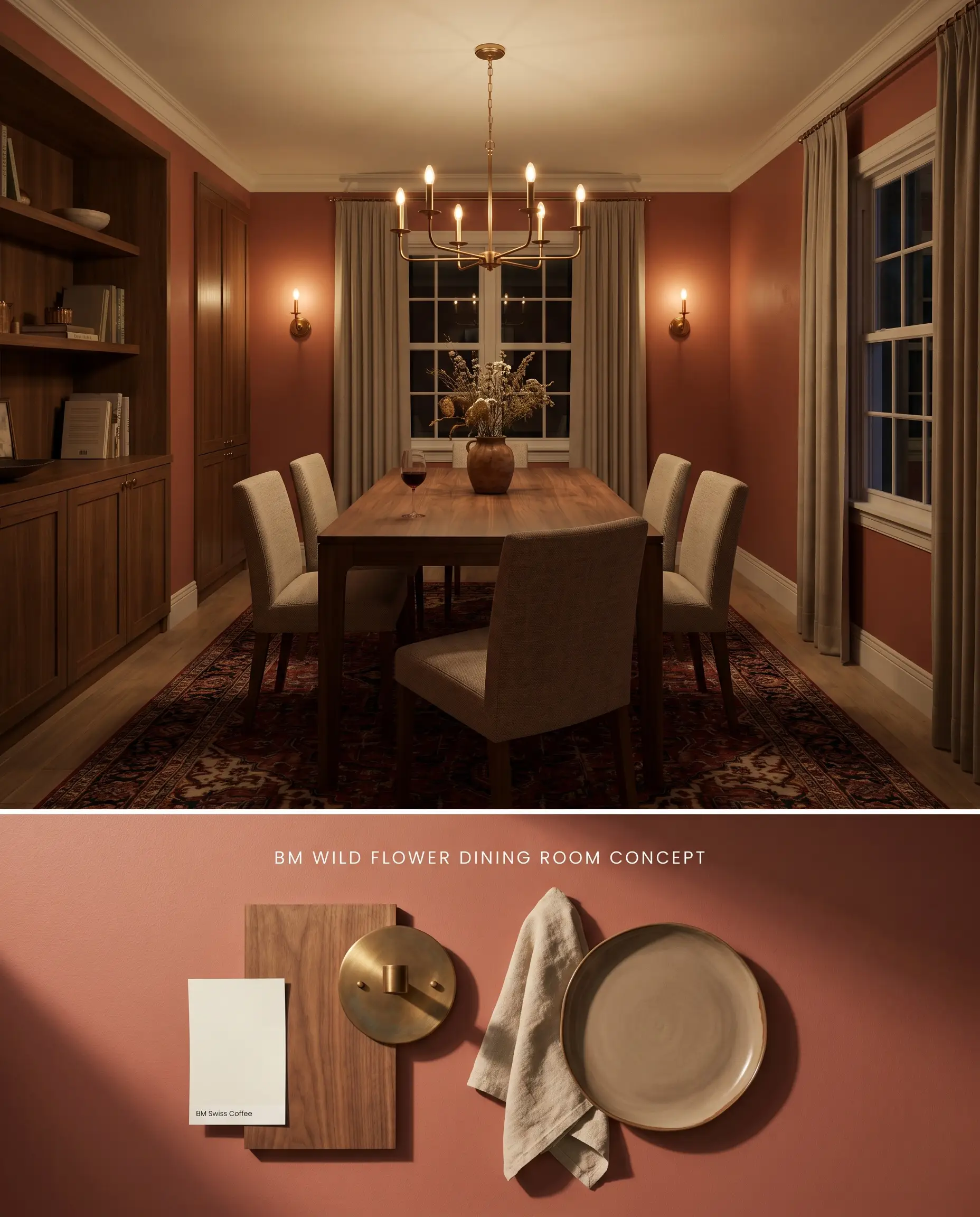 A split digital conceptual board for an intimate dining room featuring a muted brick wall color, vintage Persian rug, and bottom flat-lay of walnut wood and brass.
