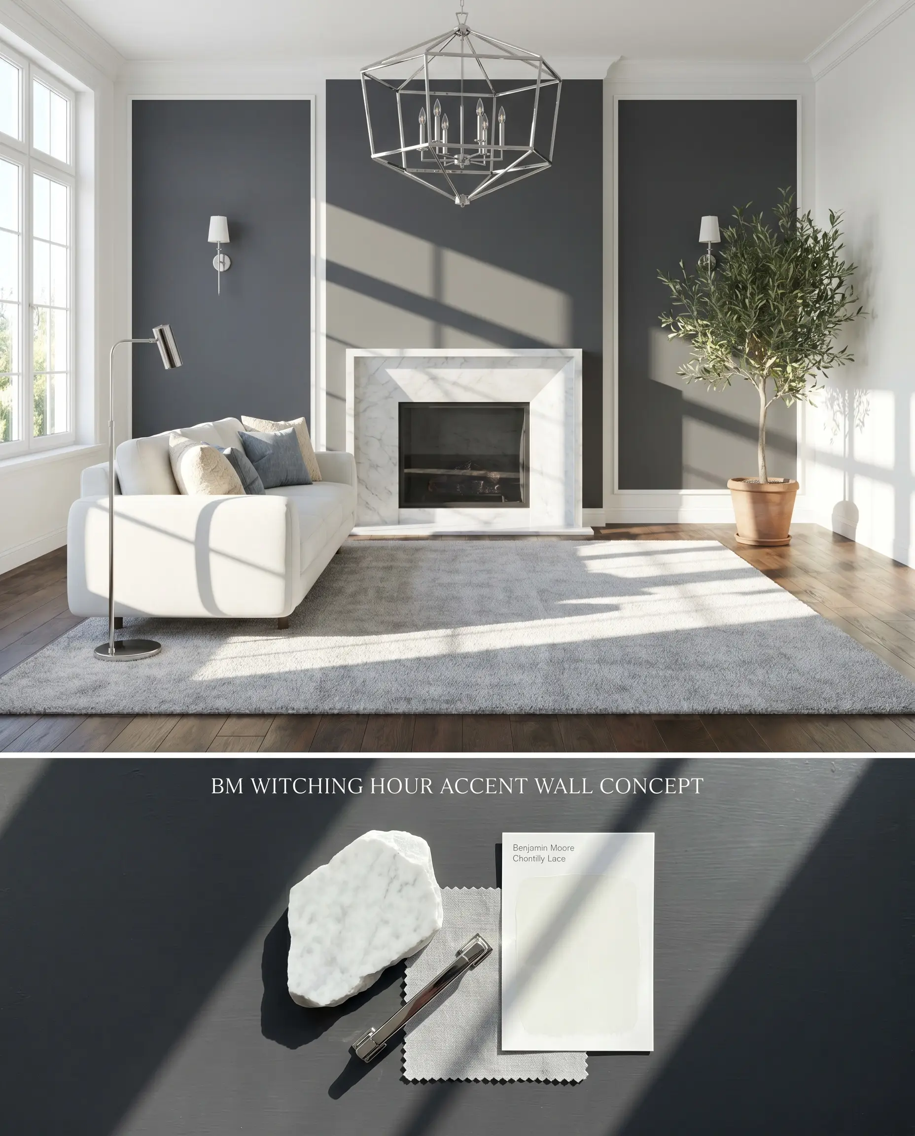 A split digital conceptual board showing a cool charcoal black living room accent wall on top, and a flat-lay with marble, chrome hardware, and linen below.