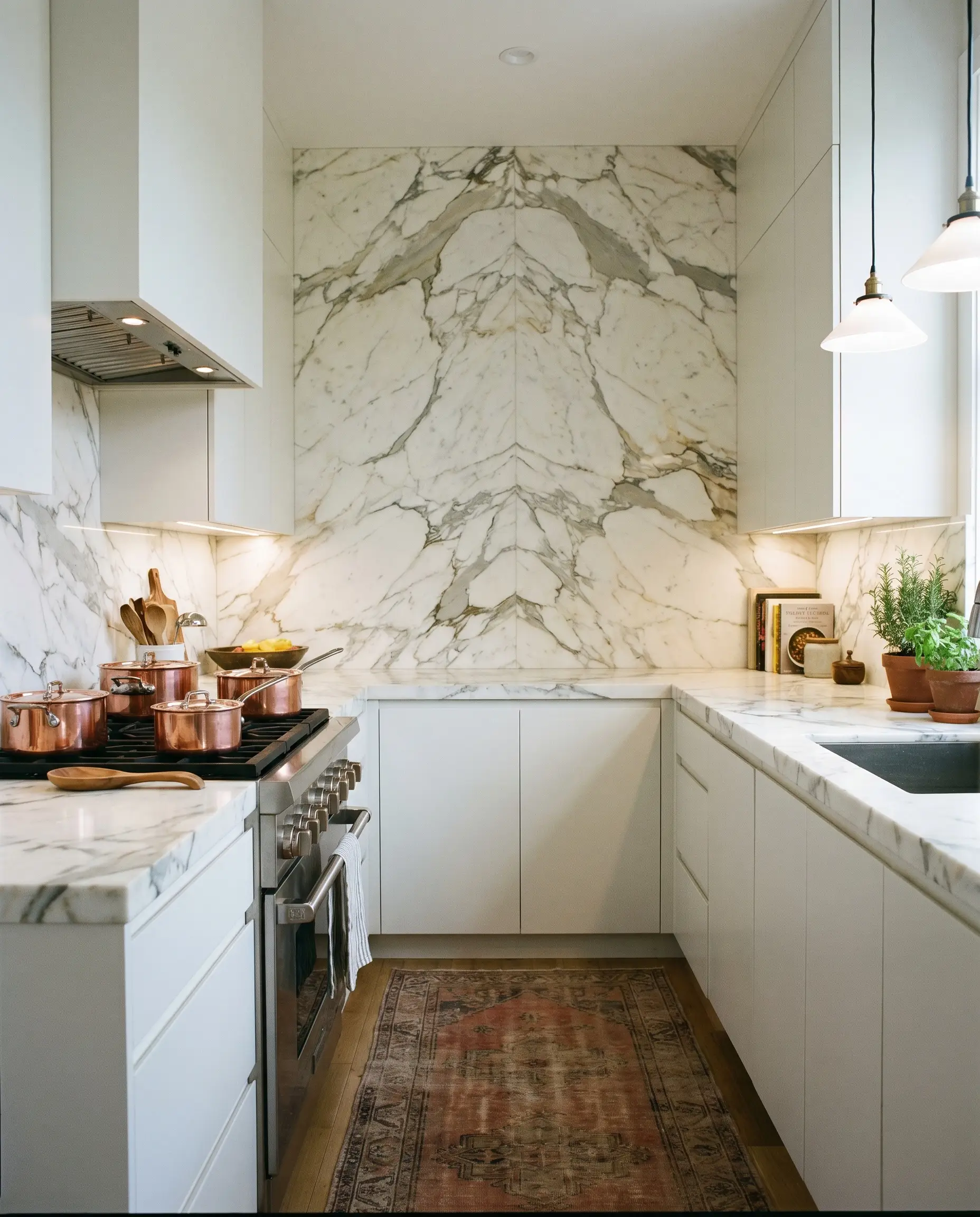 A bespoke 2cm polished Calacatta marble slab backsplash is bookmatched behind a kitchen range, seamlessly meeting matching countertops and flat-panel matte white cabinets.