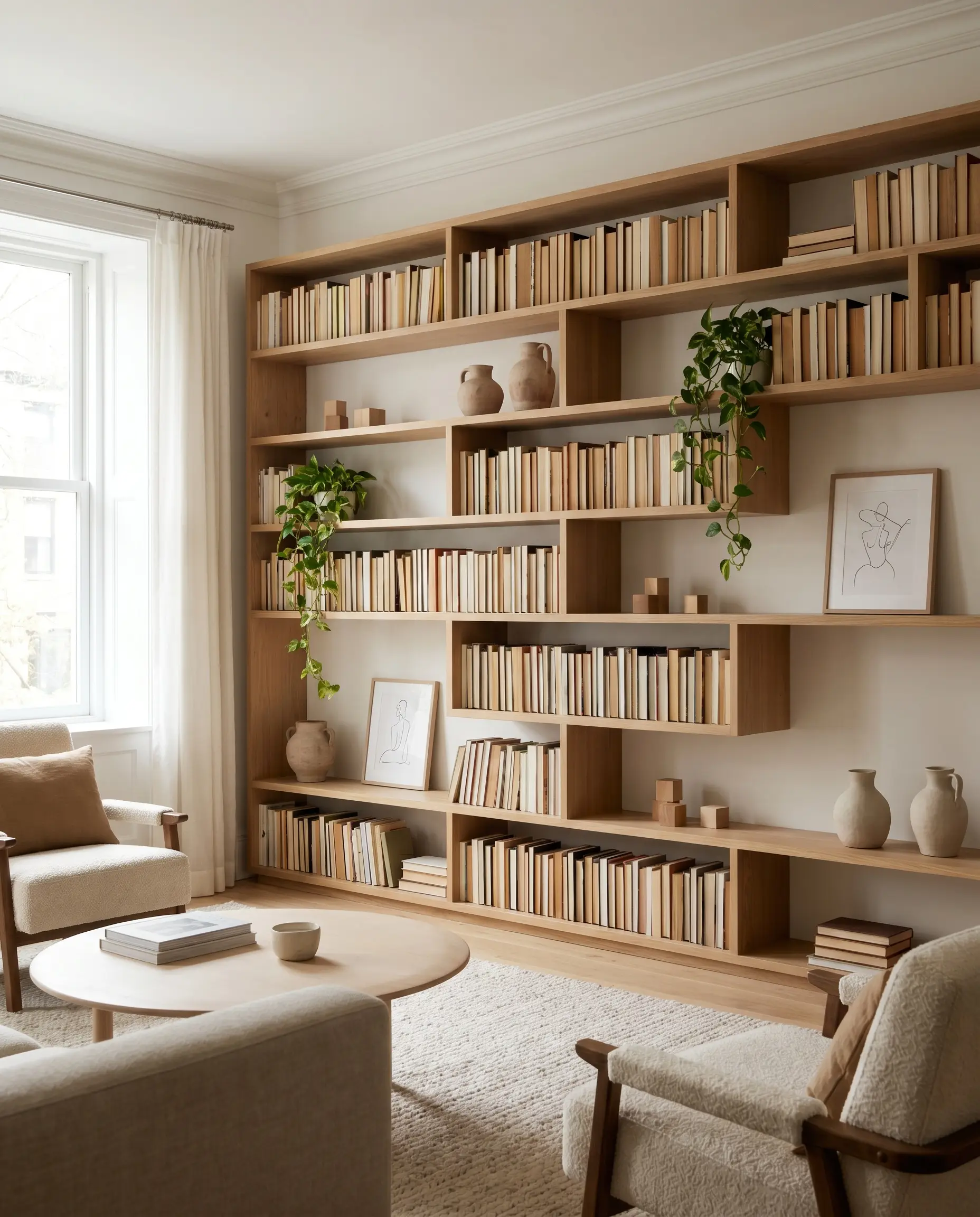 Dense book groupings in a zig-zag pattern share shelf space with sculptural raw clay ceramics, trailing Pothos greenery, and small geometric wood blocks.