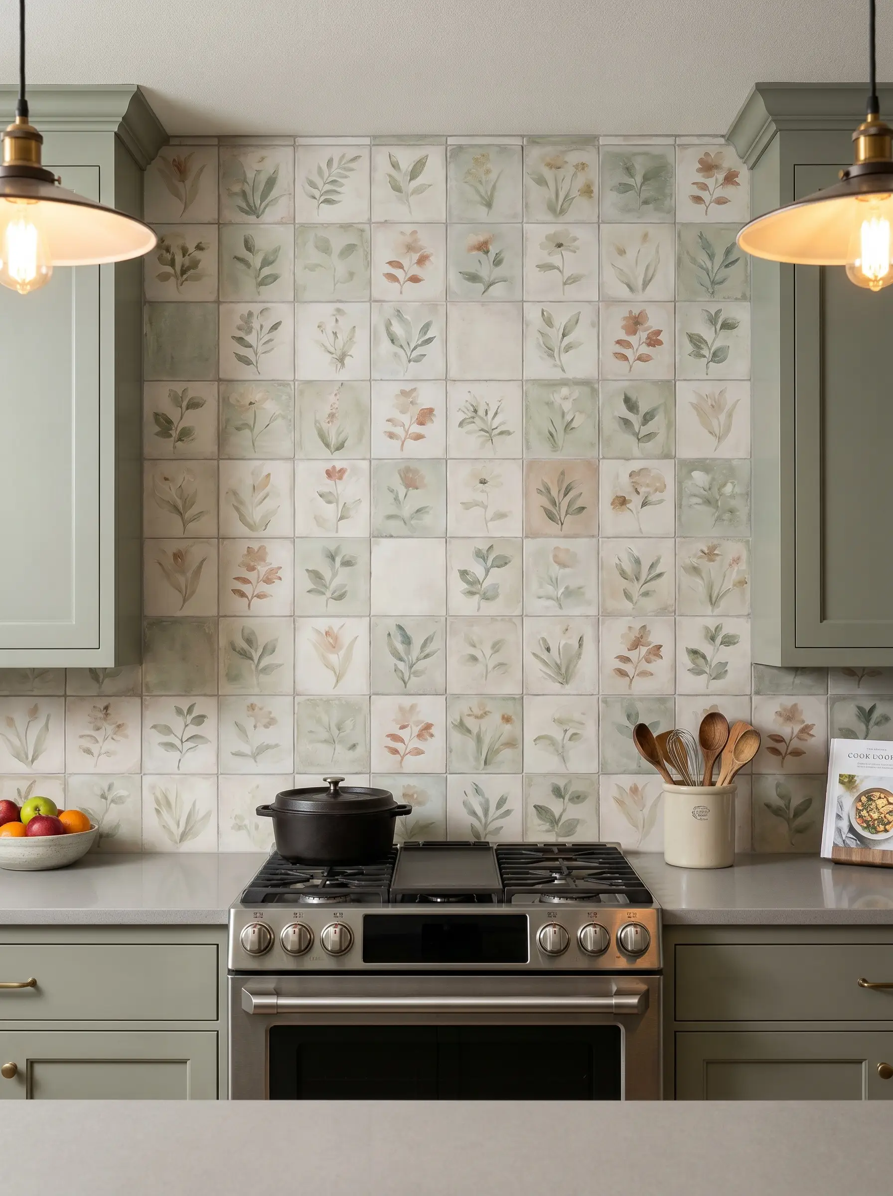 Matte porcelain encaustic tiles with faded botanical motifs form a structured backdrop behind a light gray quartz countertop and Farrow & Ball Pigeon cabinetry.