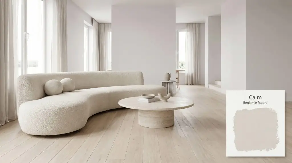 A curved bouclé sofa and light travertine coffee table sit upon pale oak flooring surrounded by lavender-tinged walls in Benjamin Moore Calm (Hex #E6E4DF).