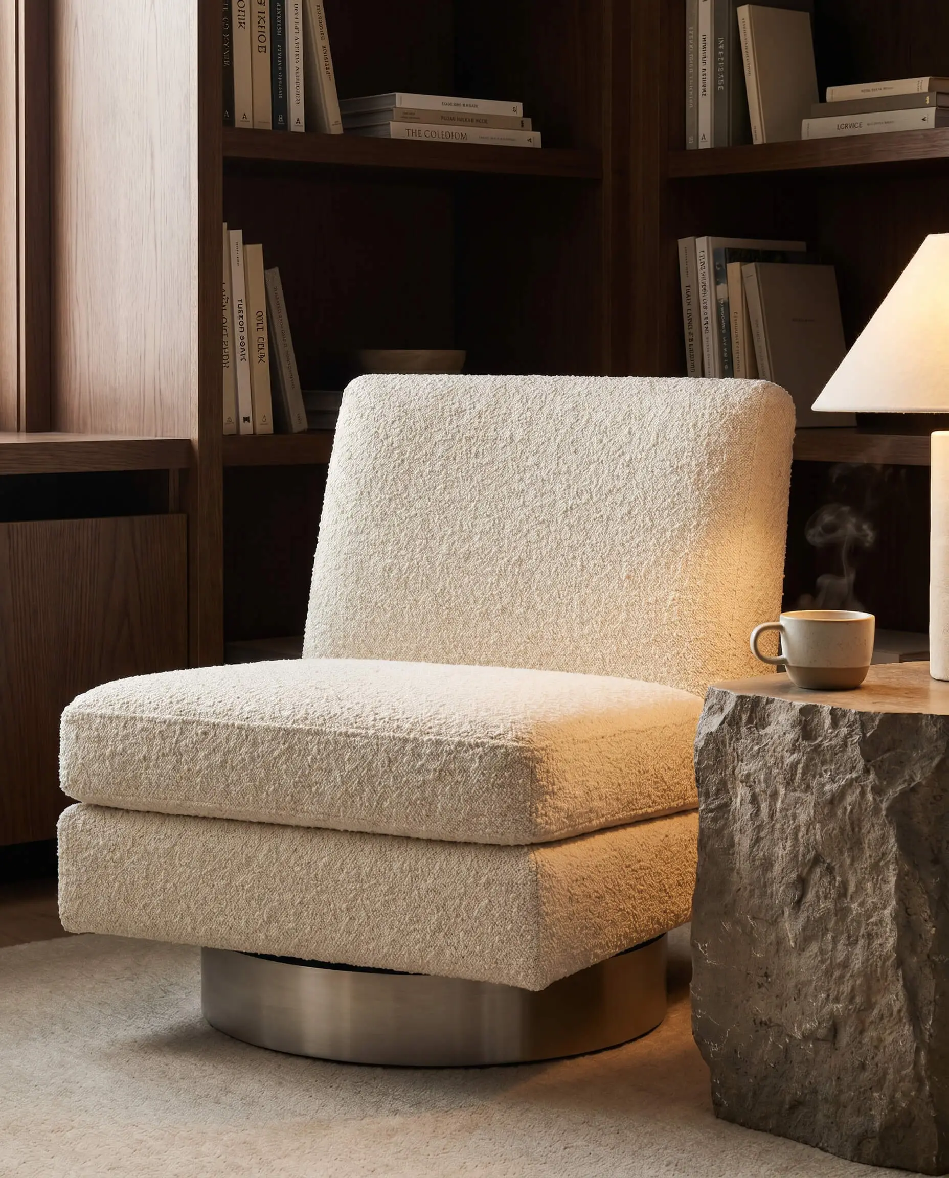 A low-profile swivel chair upholstered in heavyweight nubby bouclé sits beside a monolithic stone side table within a tight architectural alcove.