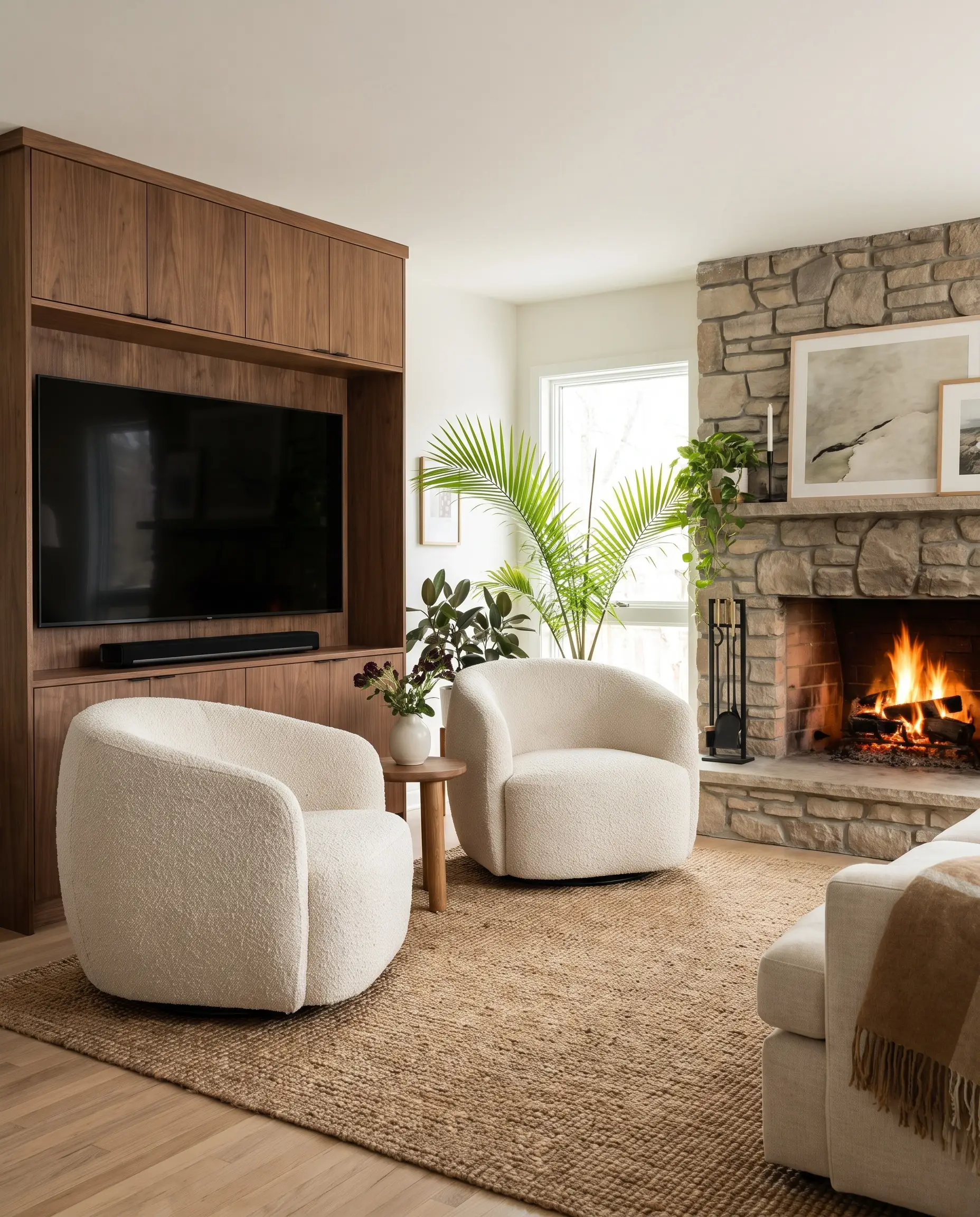 Two low-profile curved barrel swivel chairs upholstered in textured bouclé sit at the exact intersection of a perpendicular media wall and a separate fireplace zone.