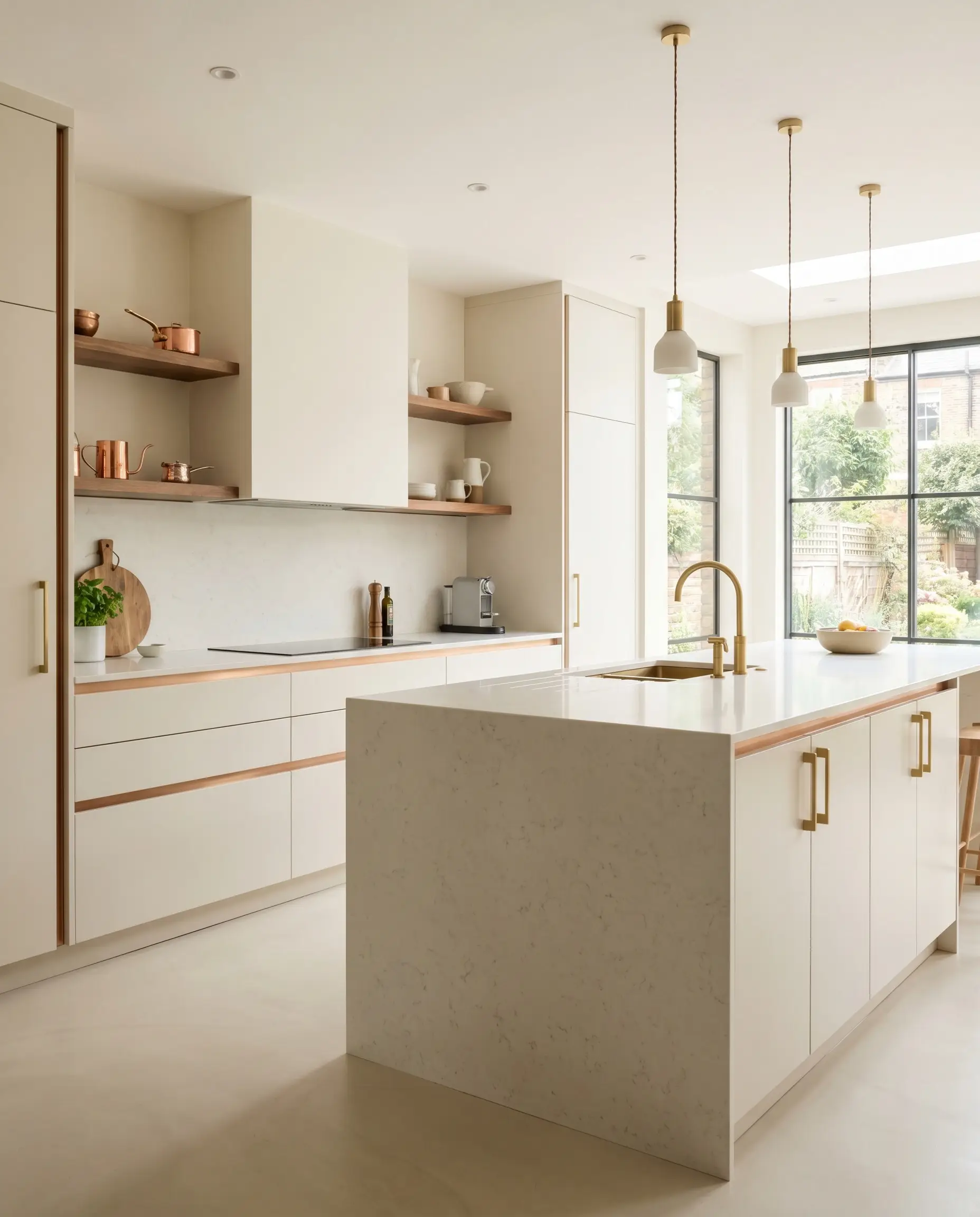 Unlacquered brushed brass cabinet pulls and warm metallic accents highlight sophisticated modern kitchen cabinetry painted in Sherwin-Williams Snowbound, elegantly bouncing light without feeling sterile.