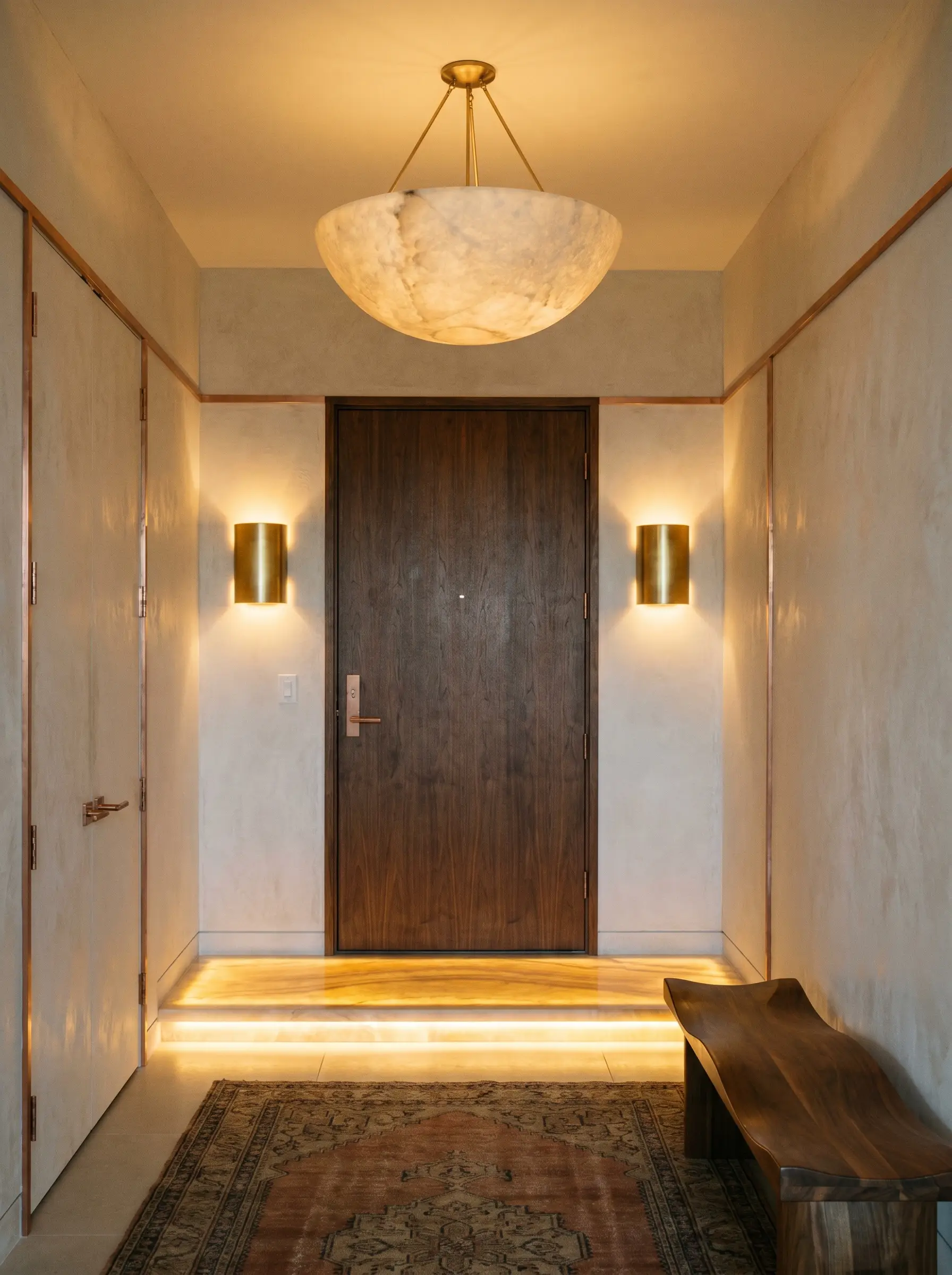 Warm brushed brass wall sconces and a natural alabaster pendant light illuminate a solid wood front door with unlacquered copper details in a modern foyer.