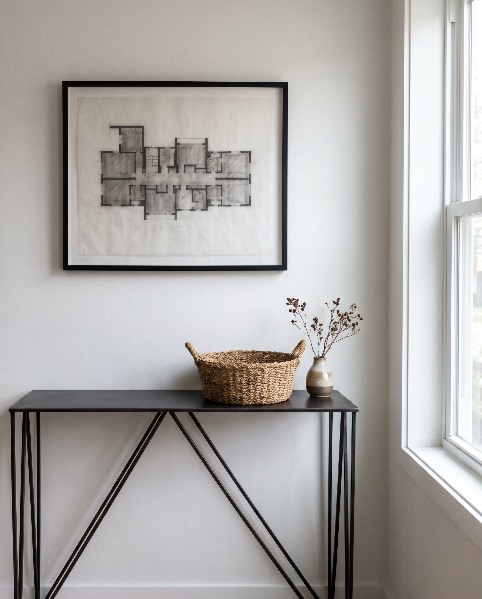 A brutalist architecture floor plan sketch in a thin black frame hangs directly above a spindly metal entryway console table and woven basket.