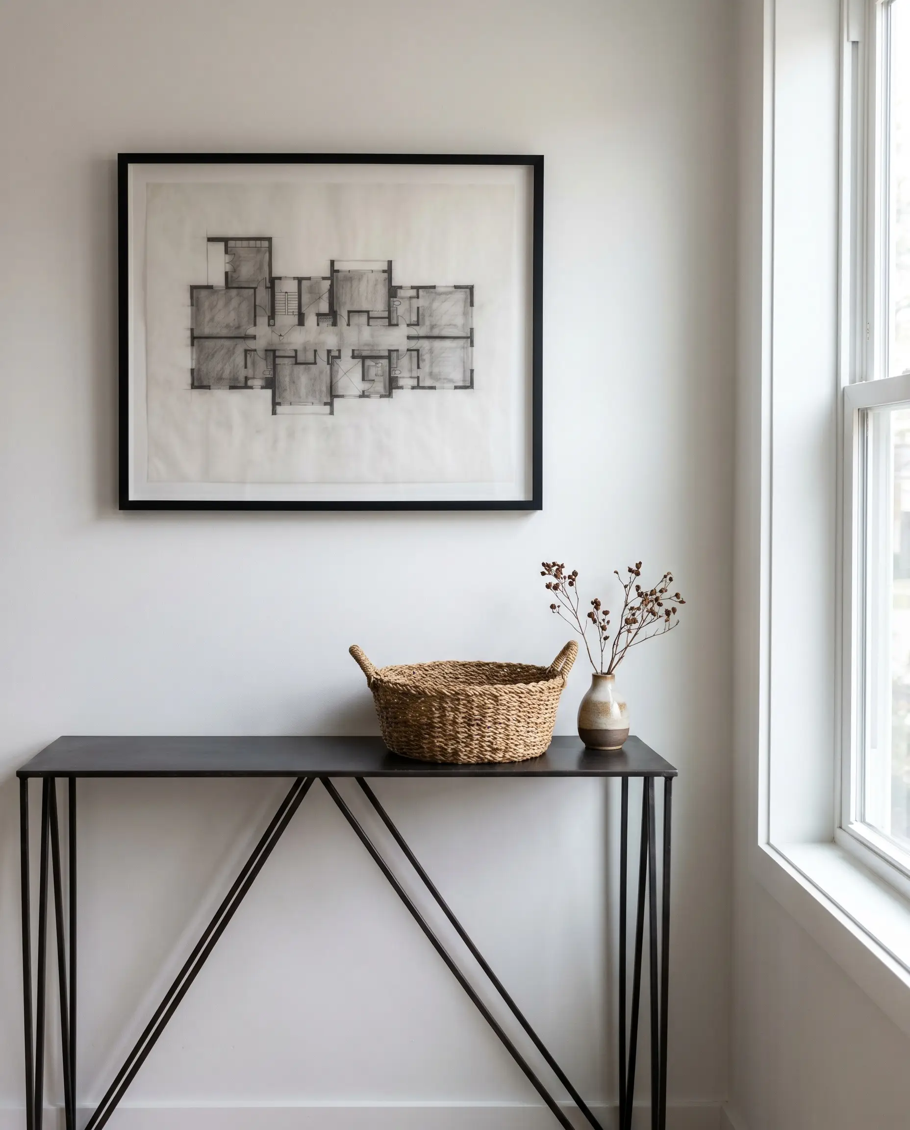 A brutalist architecture floor plan sketch in a thin black frame hangs directly above a spindly metal entryway console table and woven basket.
