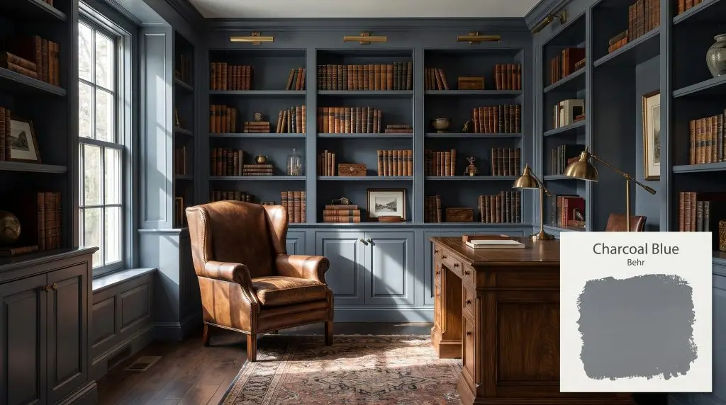 A vintage leather armchair sits beside traditional built-in bookshelves painted in Behr Charcoal Blue (Hex #6f7b84) next to a large sunny window.