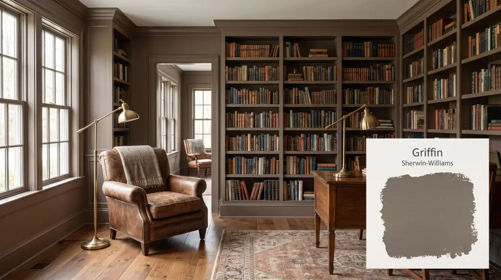 Built-in bookshelves surround a leather armchair and brass reading lamps in a cozy library finished in Sherwin-Williams Griffin (Hex #6F6459).