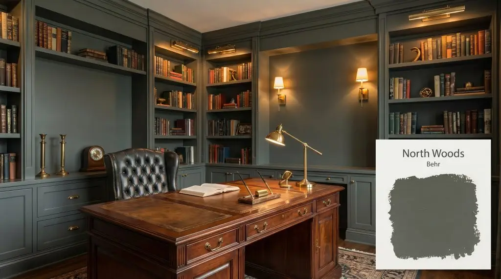 A rich mahogany desk and leather armchair sit surrounded by built-in bookshelves painted in Behr North Woods (Hex #555a51) under warm ambient lighting.