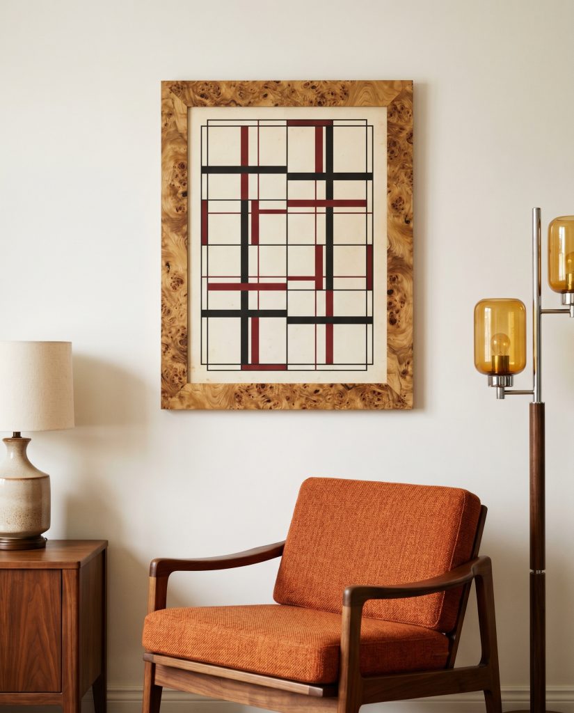 A rigidly structured minimalist geometric poster housed in a highly active olive ash burl wood frame sits beside a retro-inspired lounge chair.