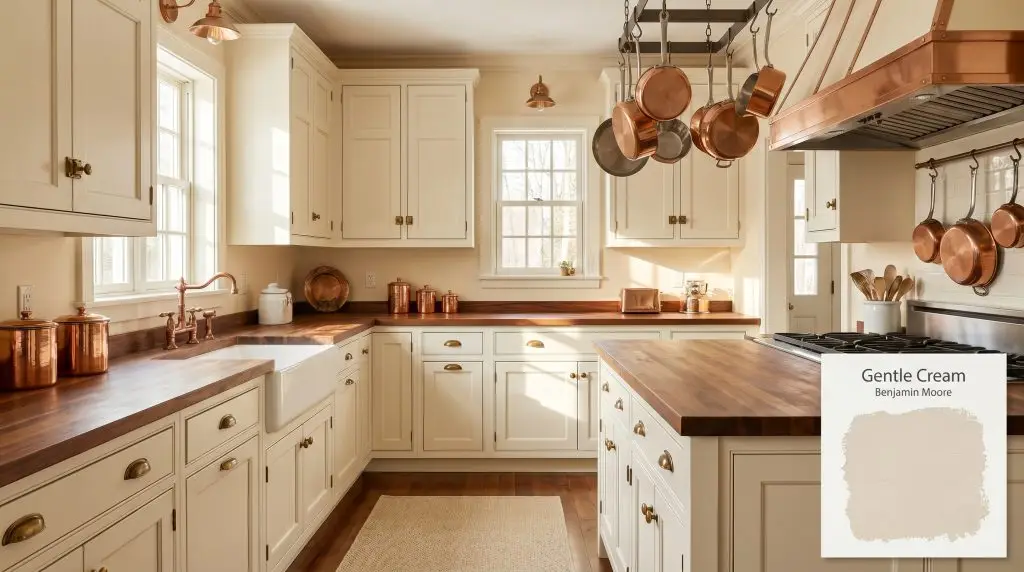 Butcher block countertops and copper accents highlight creamy white cabinetry against walls painted in Benjamin Moore Gentle Cream (Hex #E9DDC5).
