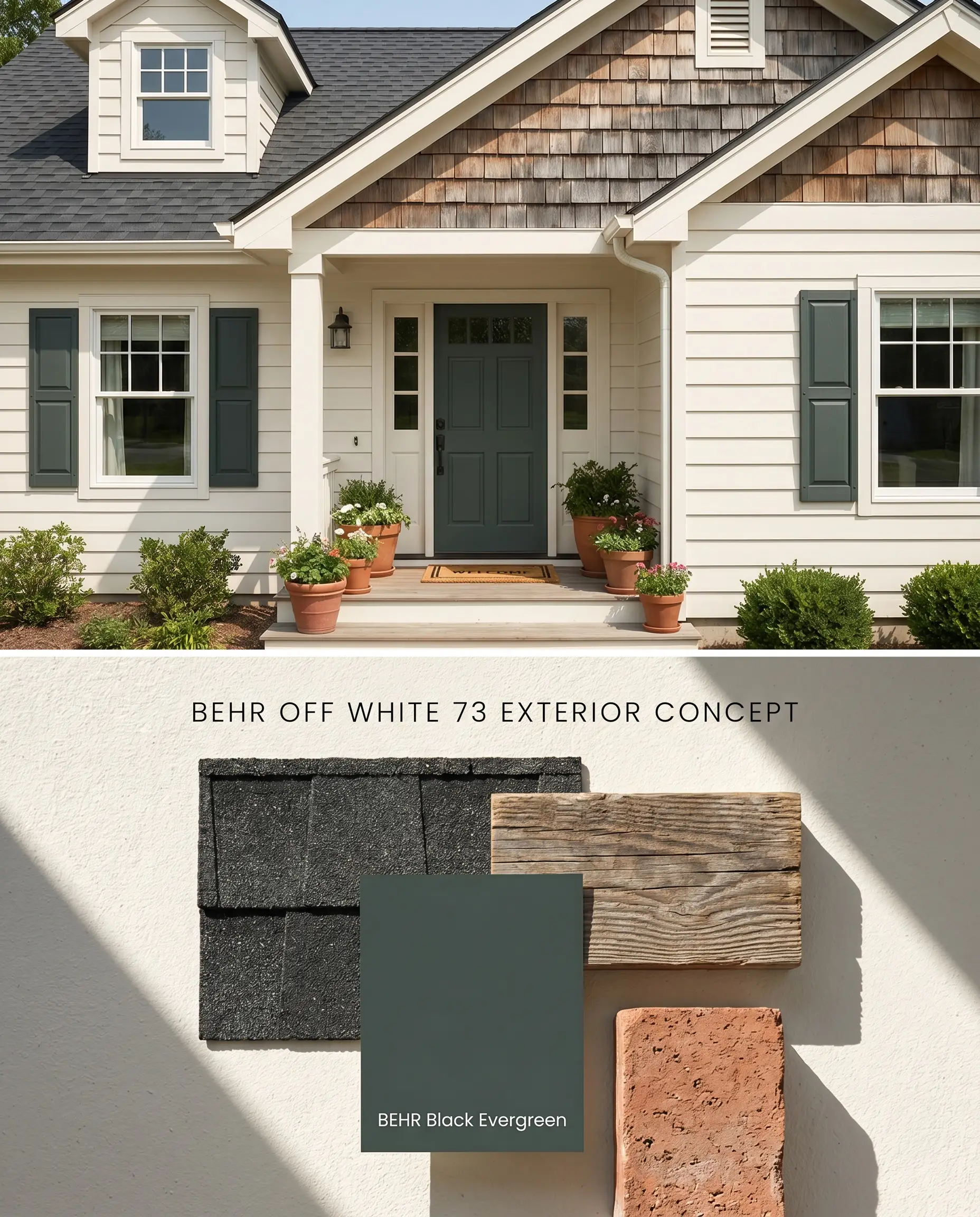 Presenting a split digital conceptual board for a classic exterior facade, exhibiting a tan base on the home exterior and textured roofing materials below.