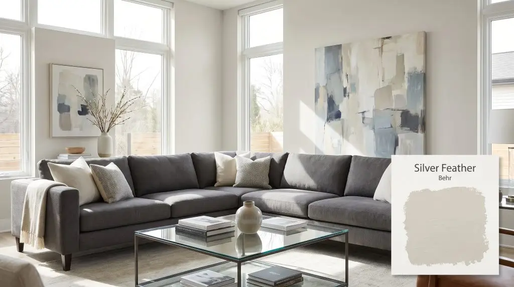 A charcoal gray sectional and glass coffee table occupy a contemporary living room featuring abstract canvas art and walls painted in Behr Silver Feather (Hex #dbdcd3).