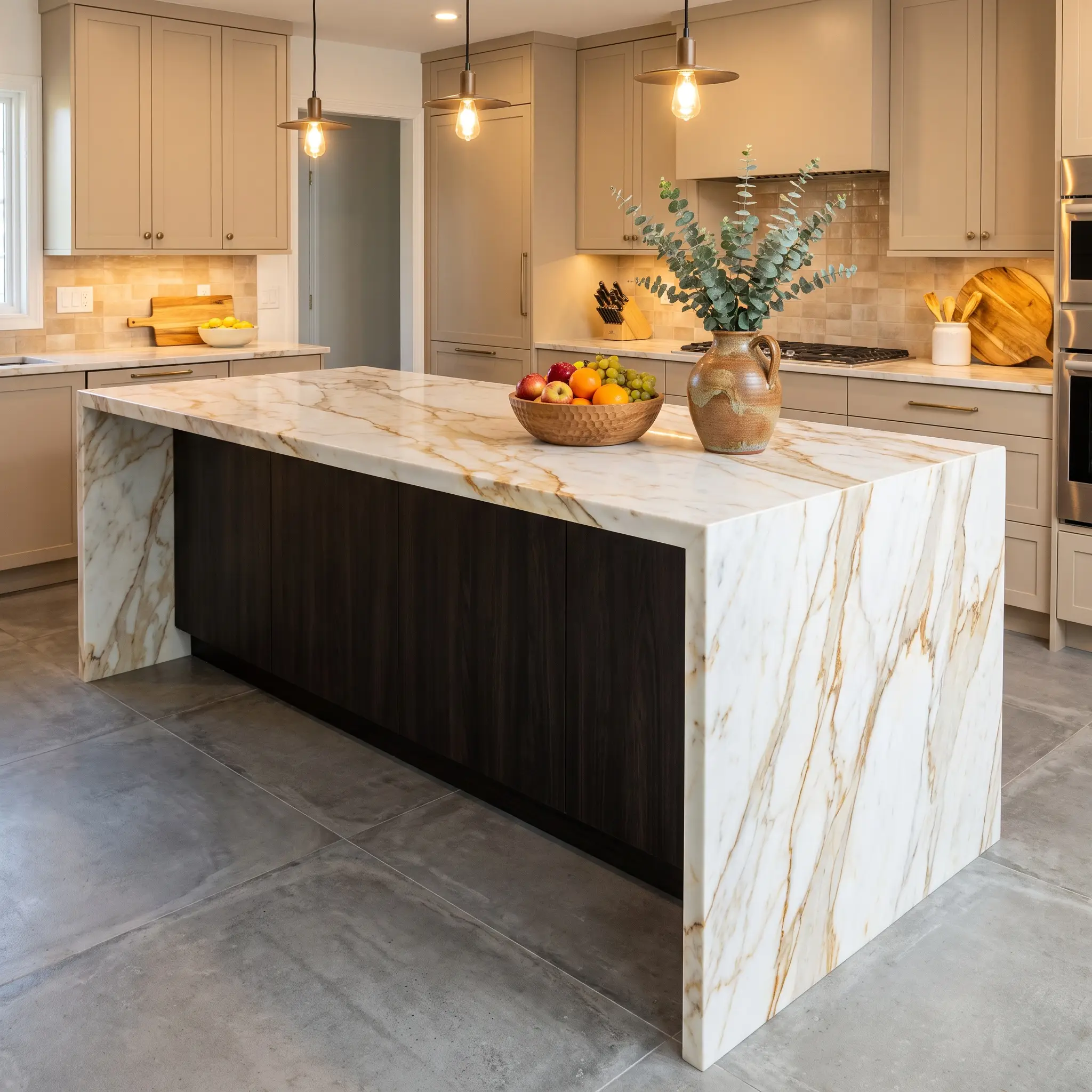 A kitchen island topped with heavily veined Calacatta Gold marble stands on cool gray flooring, styled with fresh fruit.