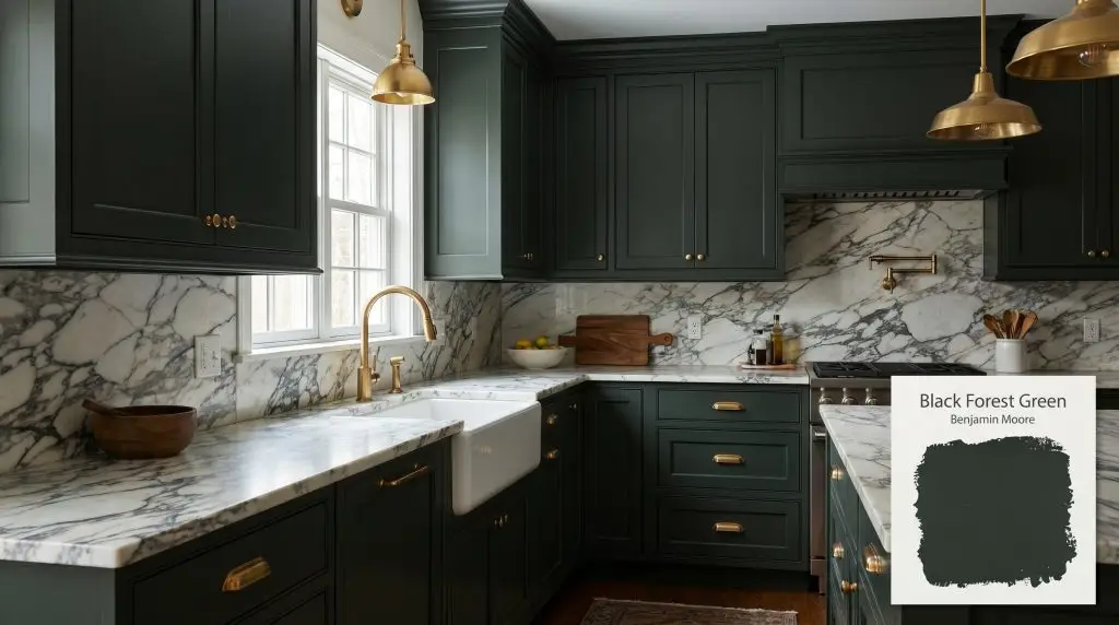 Heavily veined Calacatta marble countertops and unlacquered brass hardware complement dark green cabinetry finished in Benjamin Moore Black Forest Green (Hex #242E2C).