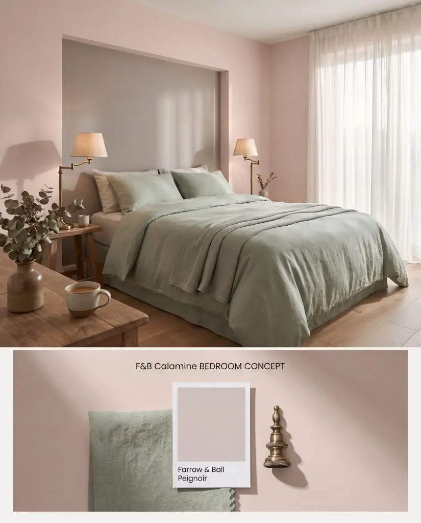 A dual-layout concept board illustrating a soft pink bedroom scene paired with a textured bottom section containing sage green washed linen and antique brass.