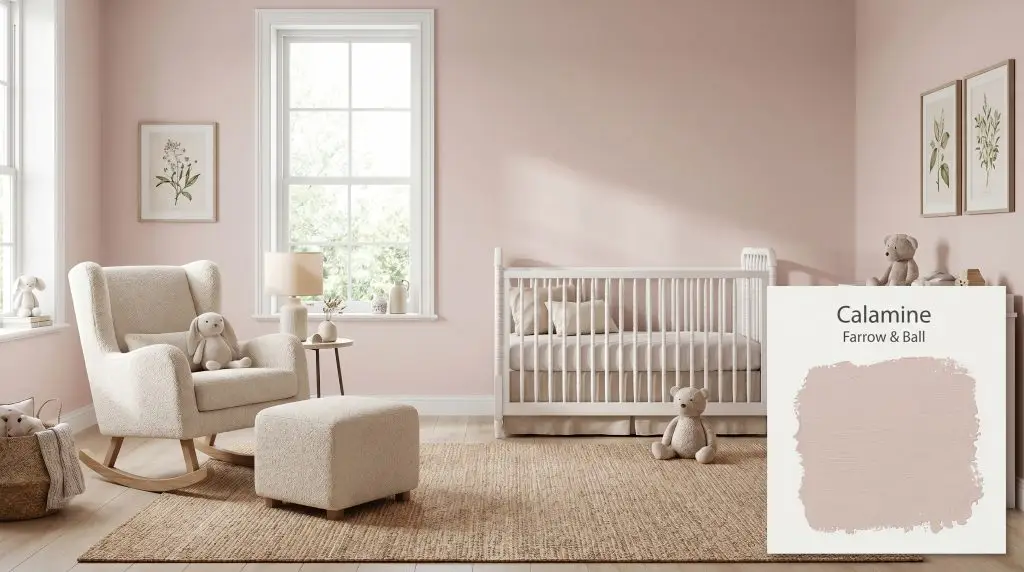 A white spindle crib and bouclé rocking chair furnish a sophisticated nursery with walls painted in Farrow & Ball Calamine (Hex #e2d0ca).
