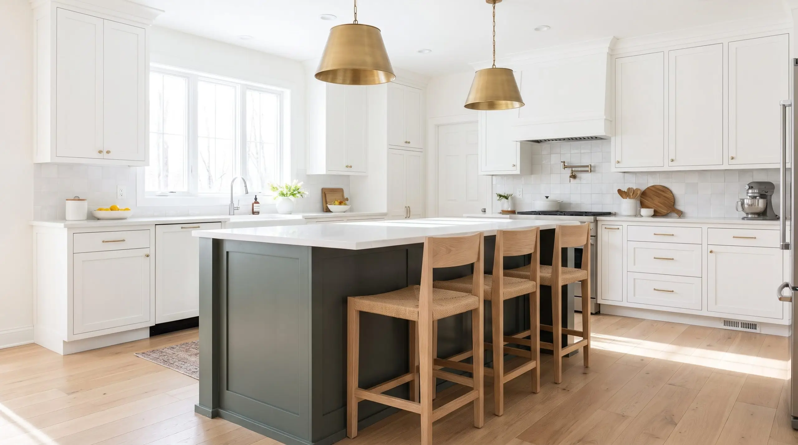 A caldwell green kitchen peninsula base contrasts with a white quartz countertop and rift-sawn oak barstools resting on light hardwood floors.