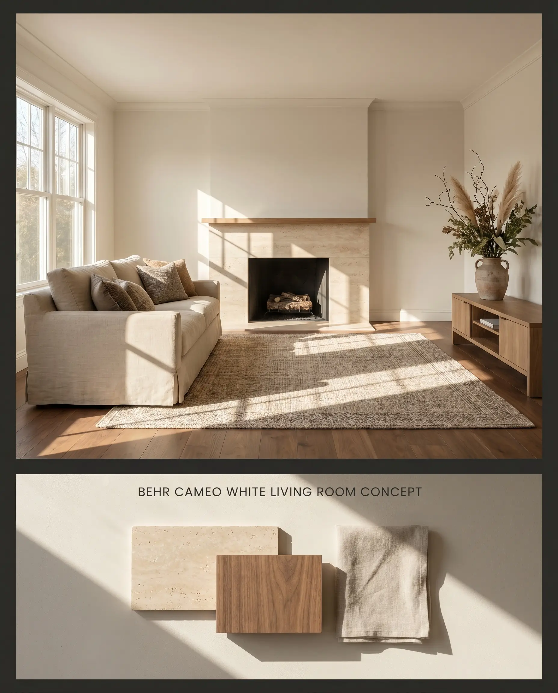Showcasing a split digital conceptual board for a cozy living room, this layout displays Cameo White walls above a flat-lay of travertine, walnut wood, and linen swatches.