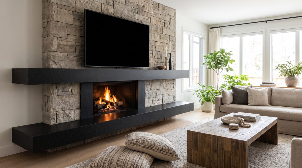 A cantilevered absolute black granite hearth ledge extends past a stacked television above a firebox, grounded by textured floor cushions in an organic modern space.