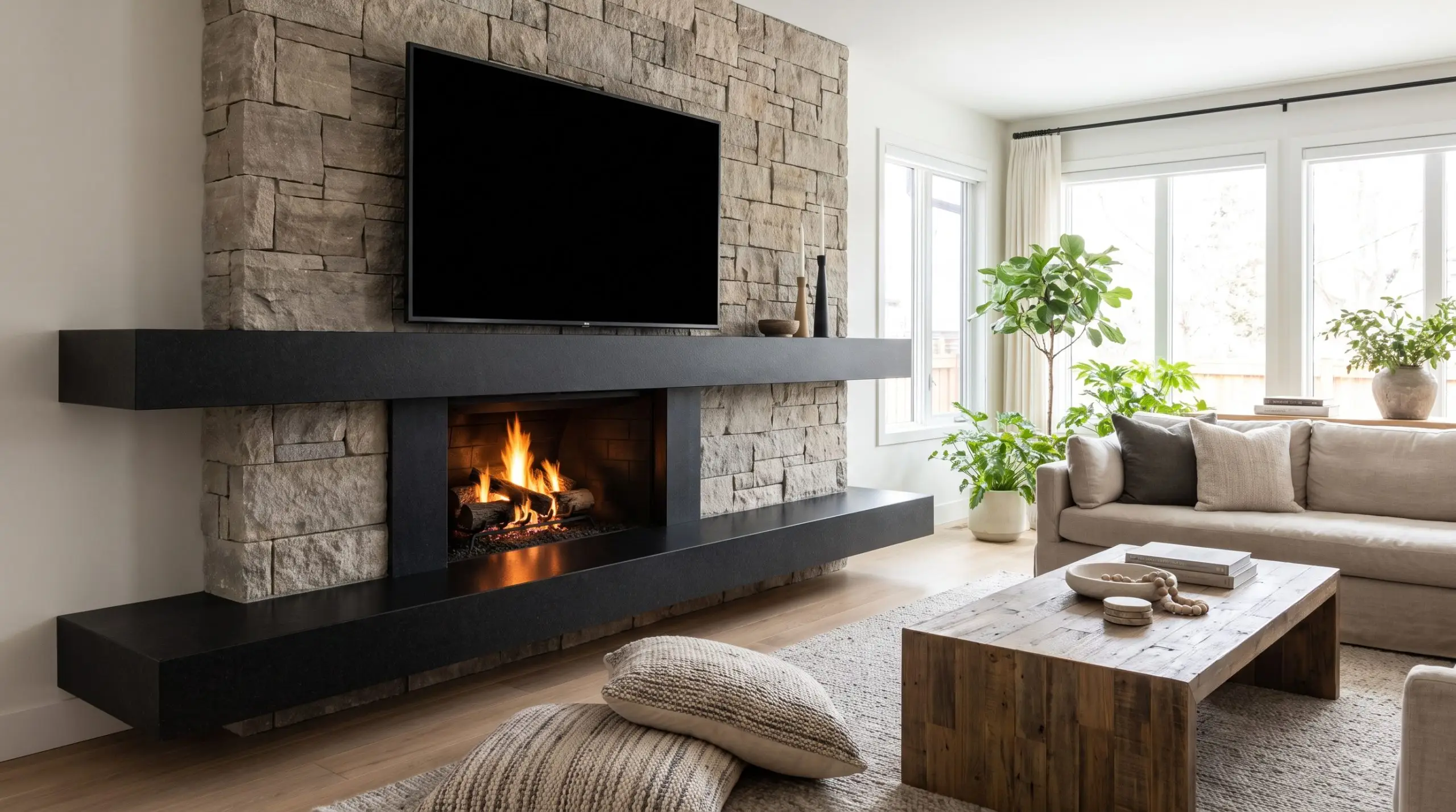A cantilevered absolute black granite hearth ledge extends past a stacked television above a firebox, grounded by textured floor cushions in an organic modern space.