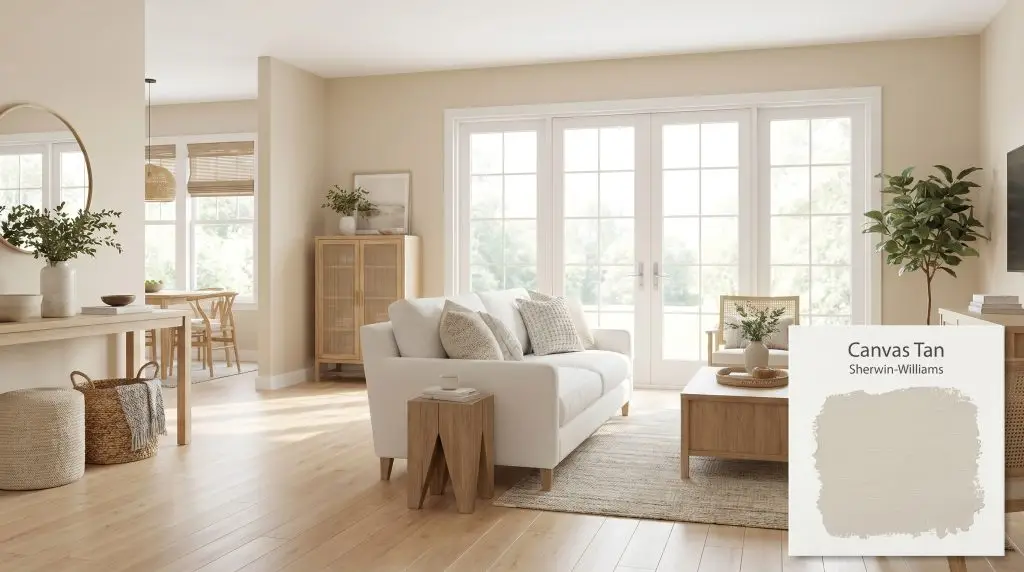 Large glass doors and light maple hardwood floors frame a crisp white sofa within a Sherwin-Williams Canvas Tan (Hex #DCD1BF) living space.