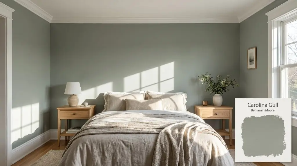 Textured linen bedding and natural wood nightstands complement bedroom walls painted in Benjamin Moore 2138-40 (Hex #858D81) featuring crisp white trim.