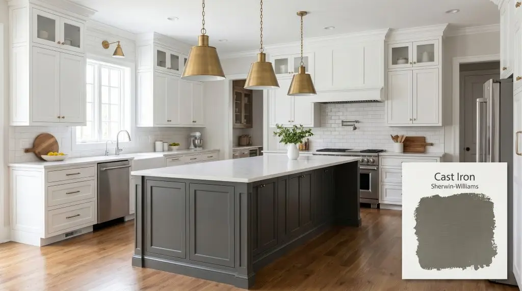 Brass pendant lights illuminate white quartz countertops and a central kitchen island painted in Sherwin-Williams Cast Iron (Hex #64645A).