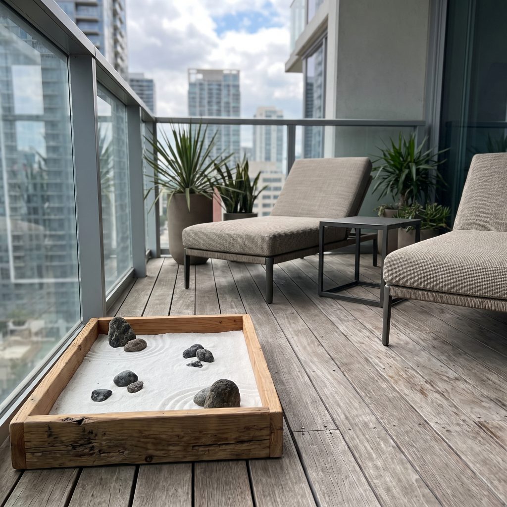 A shallow cedar wood Karesansui tray filled with raked white sand and dark stones rests in the corner of an urban apartment balcony.