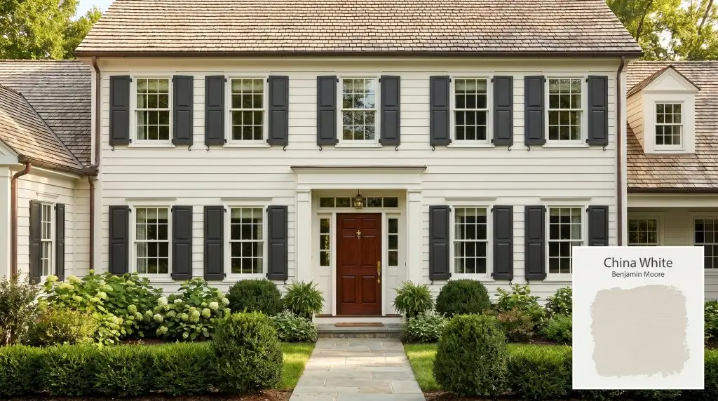 A stately home exterior featuring dark charcoal shutters and a mahogany front door against warm off-white siding in Benjamin Moore China White (Hex #E7E4D9).