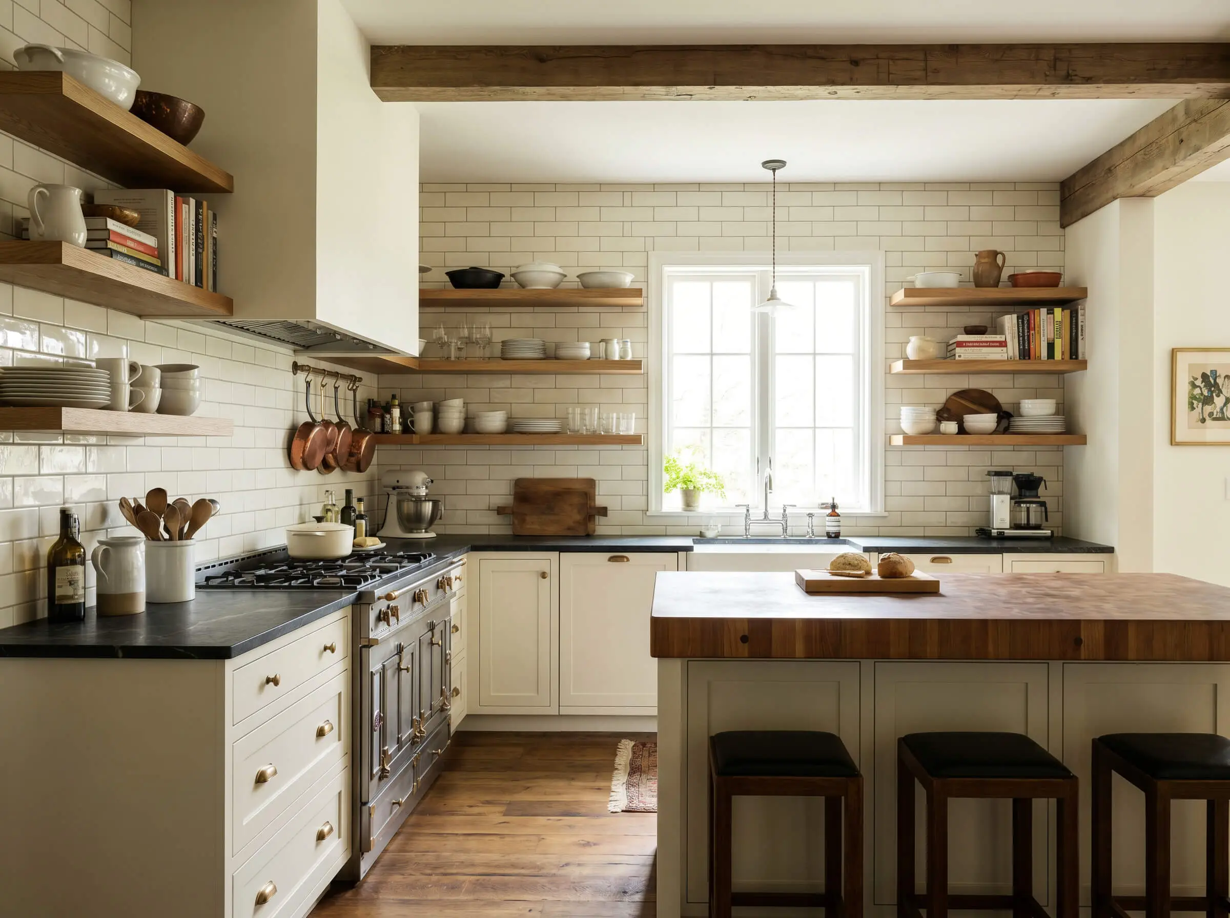 A ceiling-height 3x6-inch glazed subway kitchen backsplash tile runs entirely past floating oak shelves, meeting soapstone countertops and Benjamin Moore Simply White upper walls.