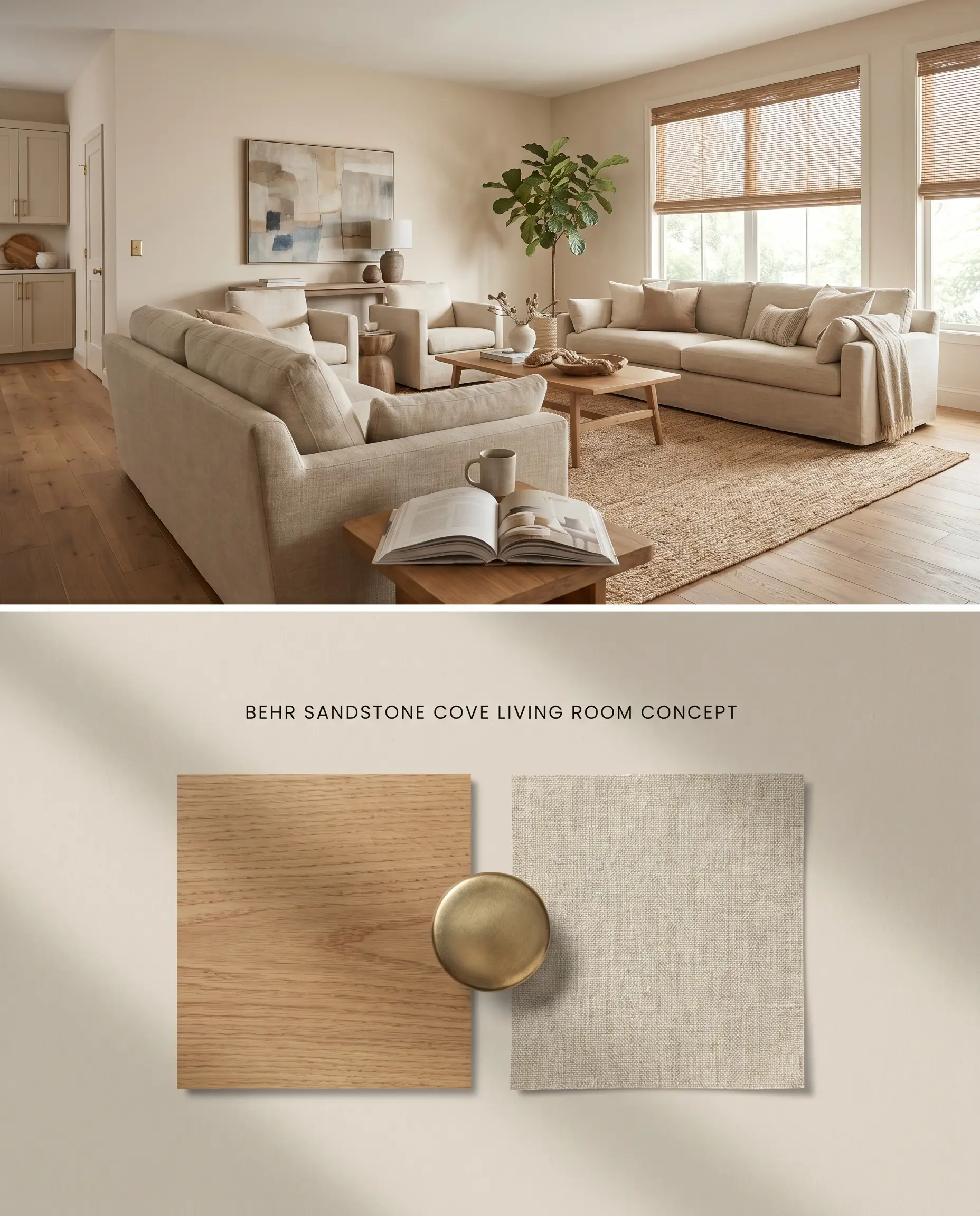 An 80/20 digital concept board illustrating a living room painted in Behr 730C-2 on top, and a textured flat-lay with oak and brass materials below.