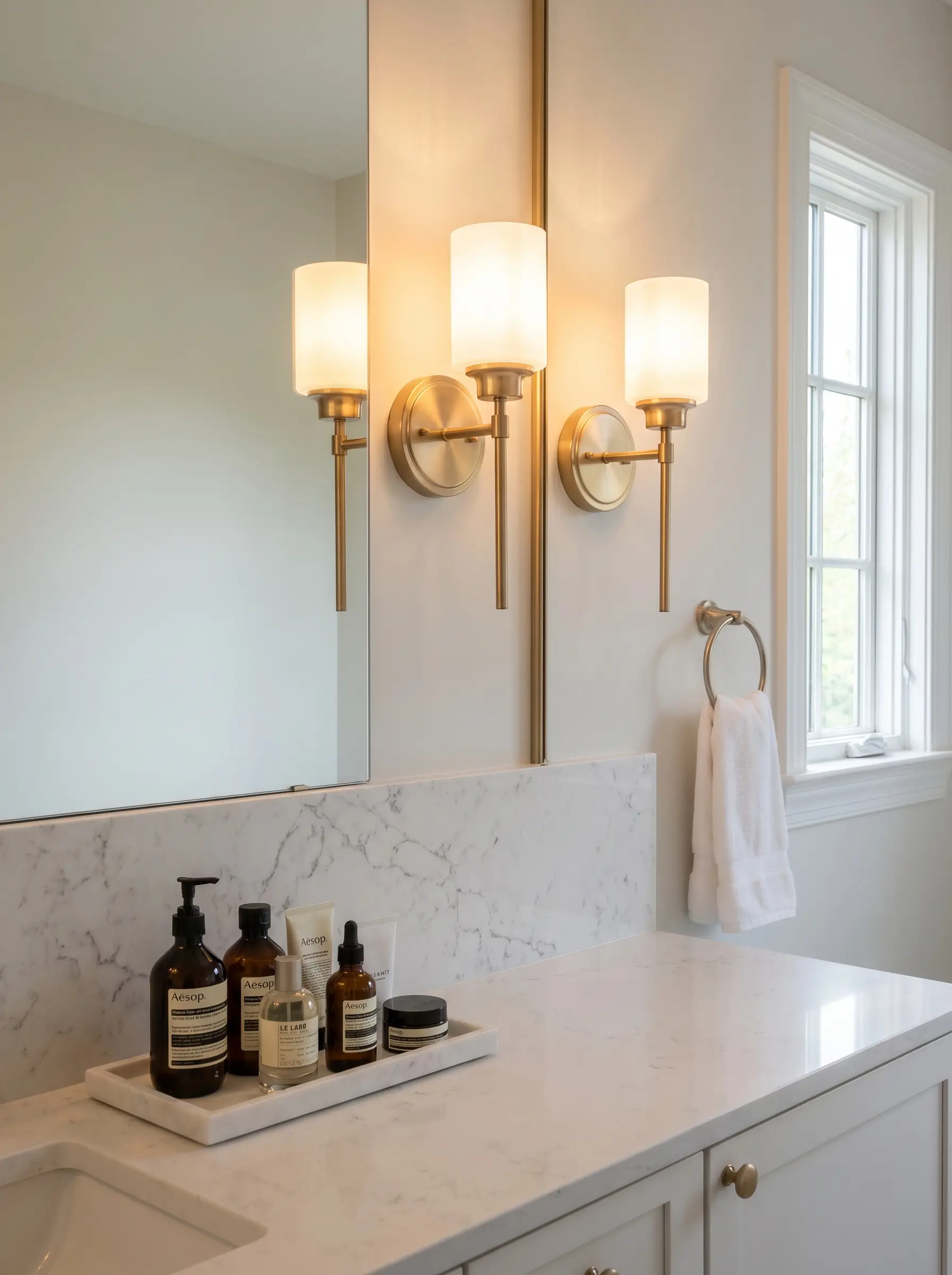 Champagne bronze vanity lighting emits a warm glow over a crisp white marble backsplash in a luxury white and gold bathroom.