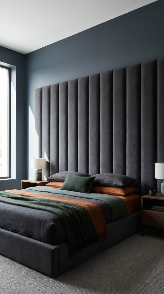 An oversized deep vertical channeled headboard upholstered in heavyweight cotton velvet provides acoustic dampening against architectural walls painted in Hague Blue.