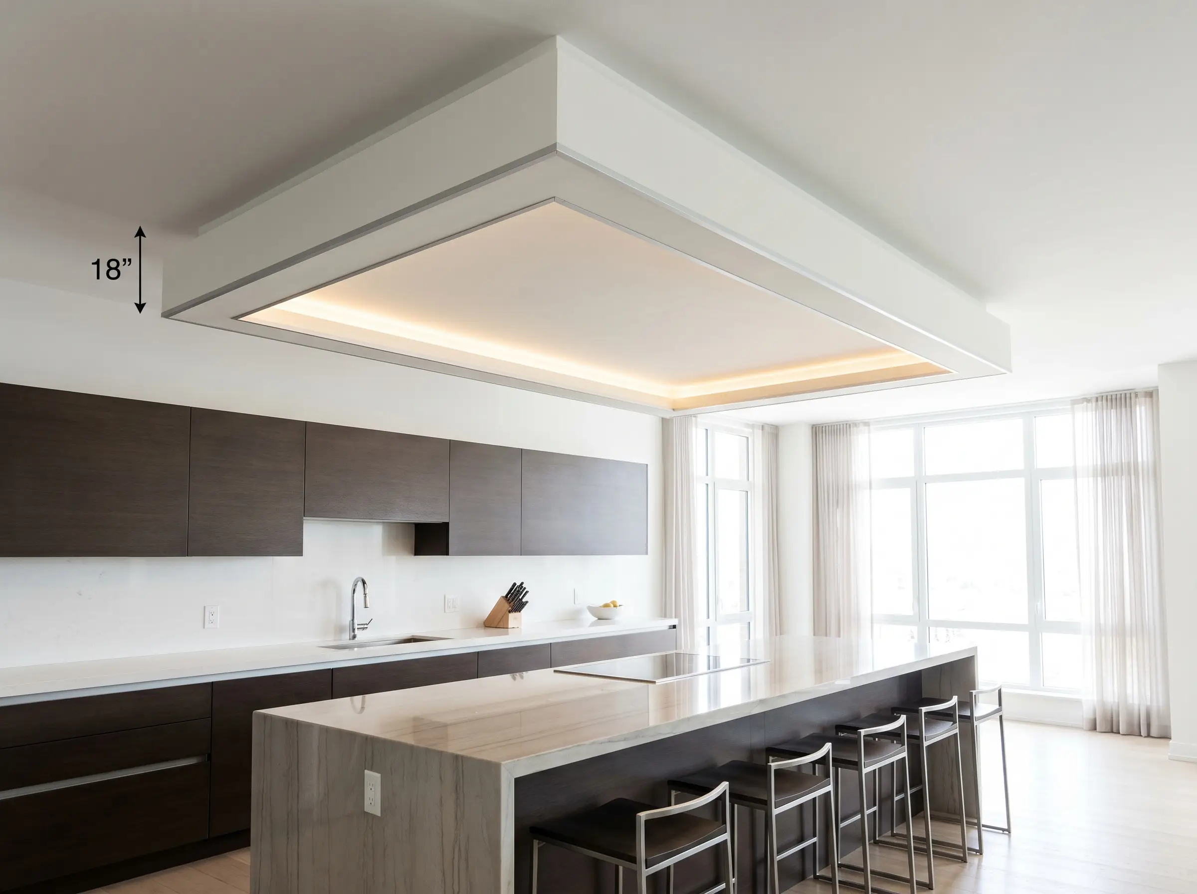 A monolithic Chantilly Lace gypsum cloud hovers directly over a sleek modernist kitchen island surrounded by contemporary bar stools and minimalist cabinetry.