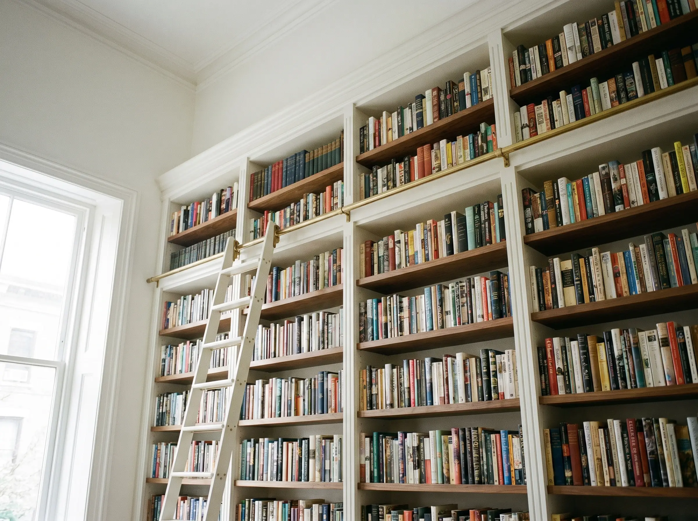 A towering architectural alcove features Benjamin Moore Chantilly Lace custom millwork and a rolling library ladder mounted on a solid brass track.