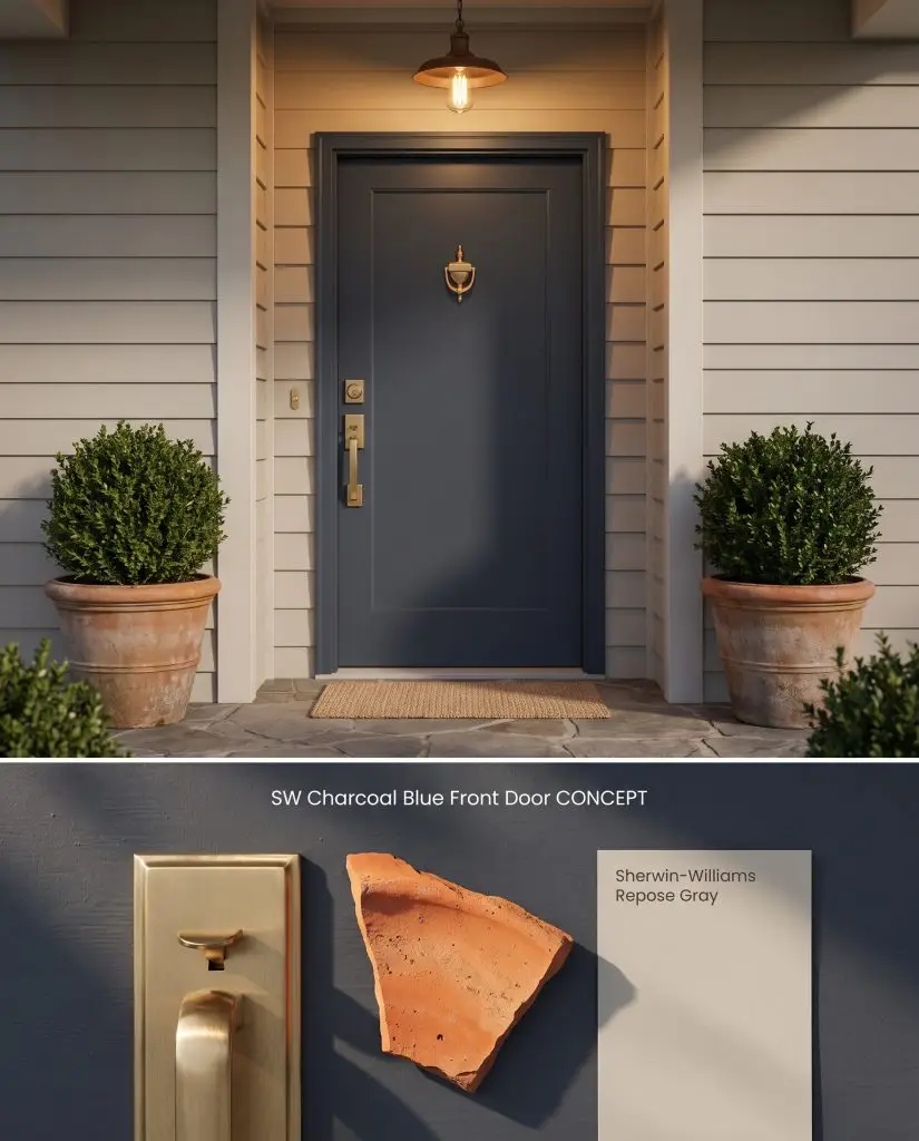 A split digital material board showing a dark navy-charcoal front door on top and a flat-lay of satin brass and terracotta below.
