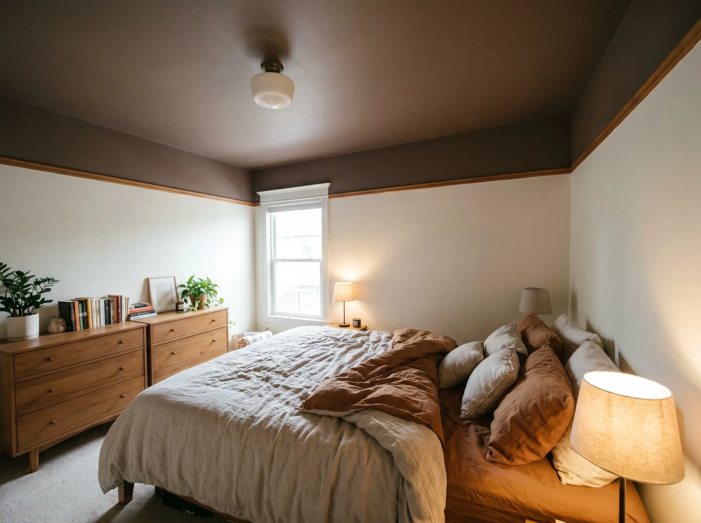 A chocolate brown painted ceiling drops to a picture rail, creating a two color combination for bedroom walls with soft linen lowers.
