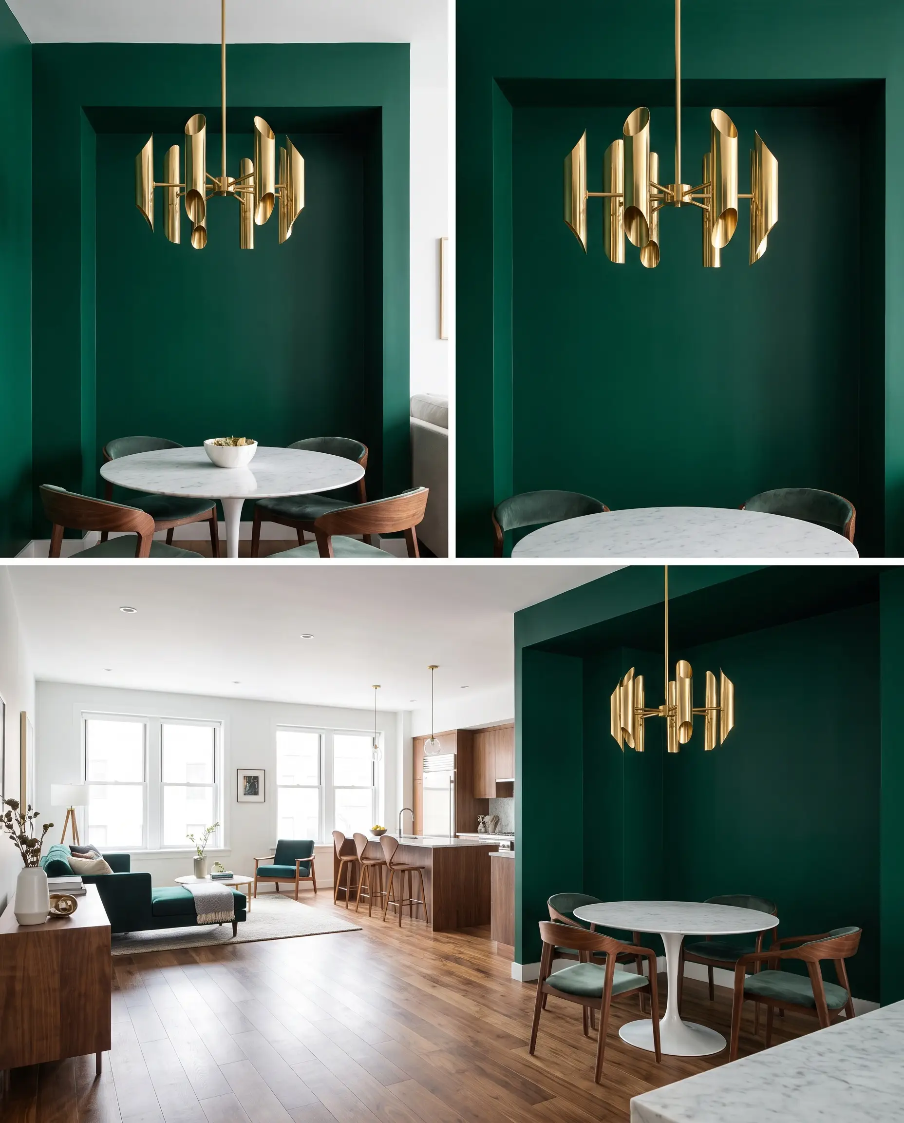 A structural modern brass chandelier reflects off a chrome green dining alcove surrounding a round marble dining table and curved walnut chairs.