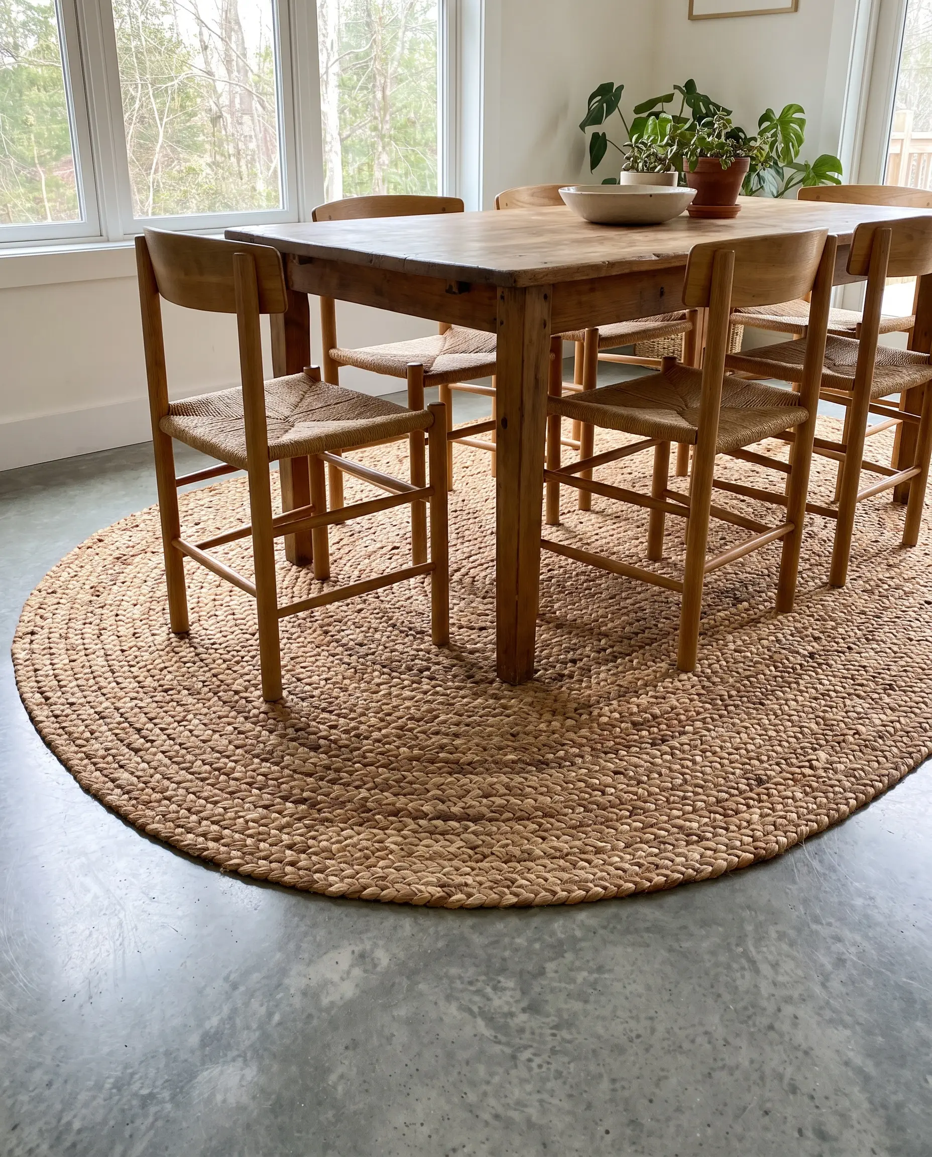 A massive chunky braided jute rug layers under a simple wood dining table and chairs in an approachable dining space.