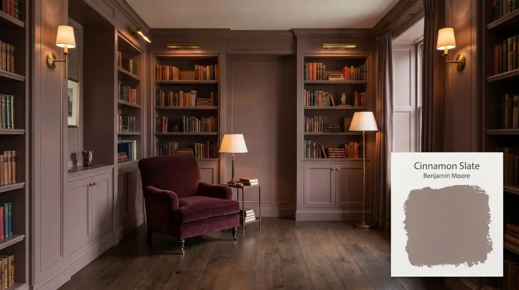 Built-in bookshelves, dark oak floors, and a plush velvet armchair fill a moody library coated in Benjamin Moore Cinnamon Slate (Hex #897475).