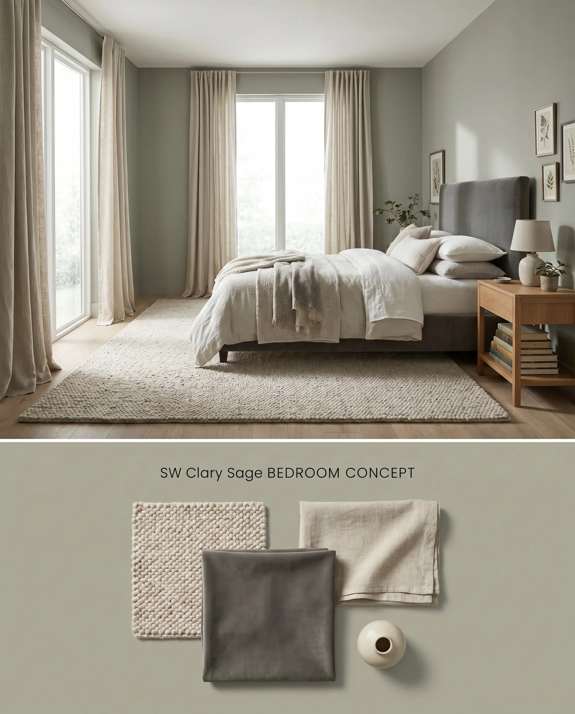 A split digital conceptual board presenting a cozy bedroom with an organic color structure on top, and a flat-lay of oatmeal wool below.