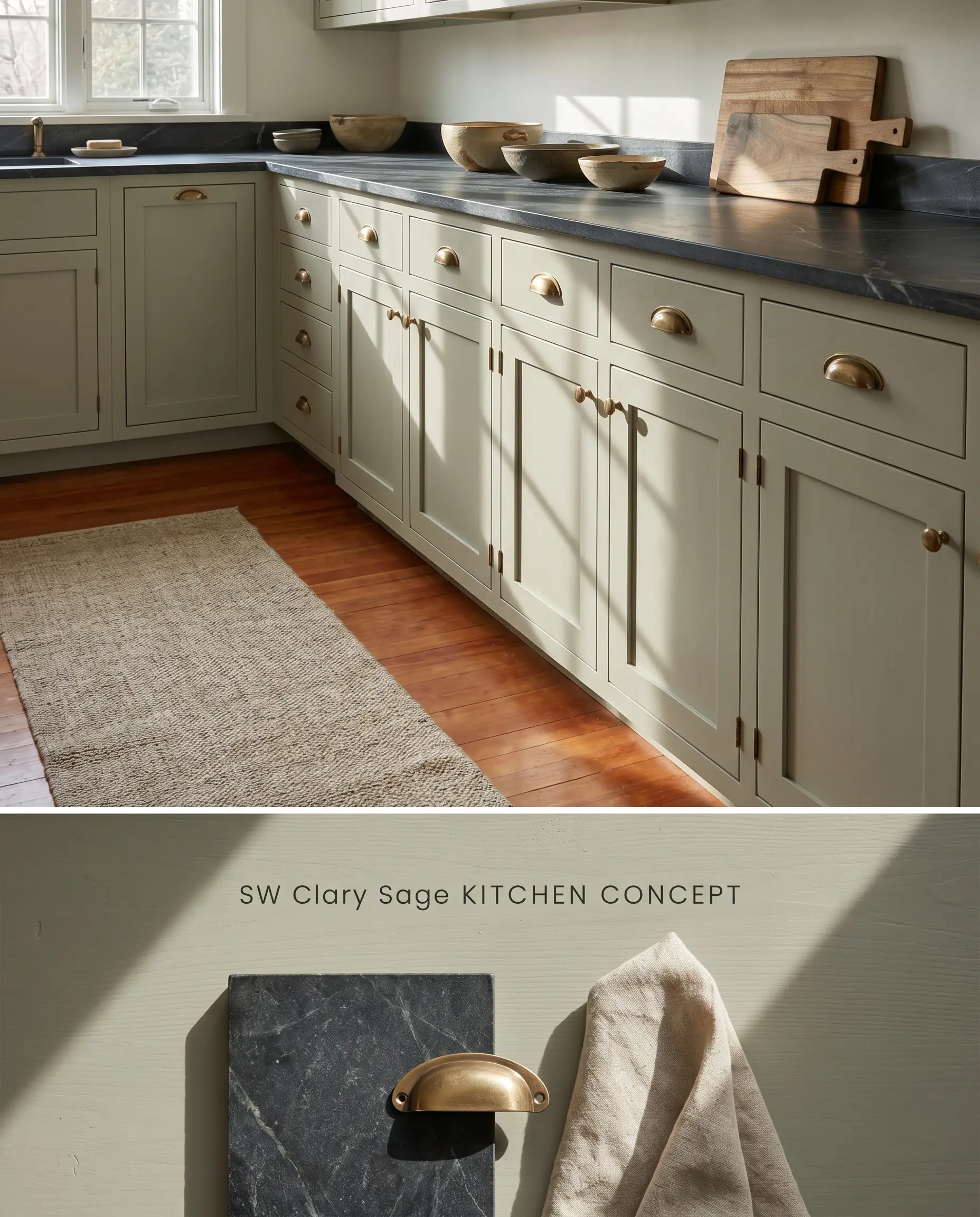 A split digital conceptual board featuring a kitchen with earthy green hue Shaker cabinets on top, and a textured material flat-lay with soapstone below.