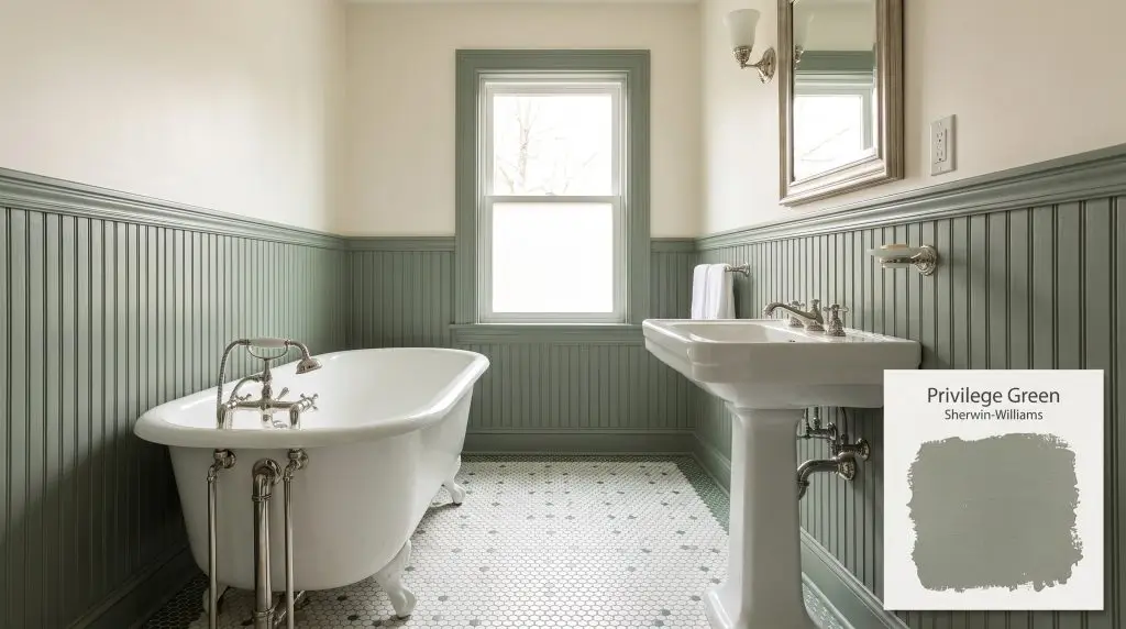 A classic clawfoot tub and polished nickel fixtures sit beside beadboard wainscoting painted in Sherwin-Williams Privilege Green (Hex #7A8775).