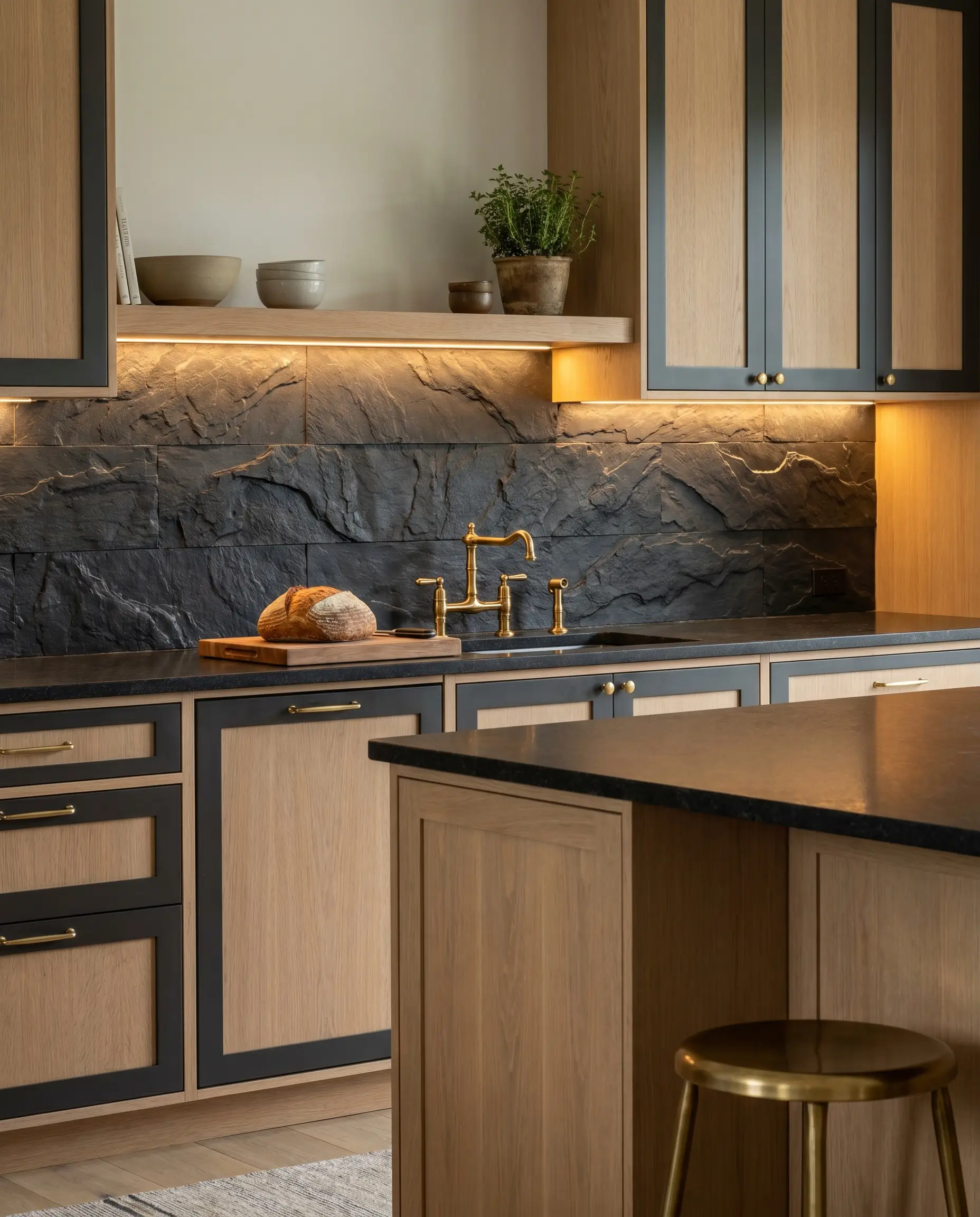A rugged 4x12-inch cleft black slate backsplash grounds a high-contrast kitchen featuring honed black granite countertops, rift-sawn white oak cabinets, and Tricorn Black accents.